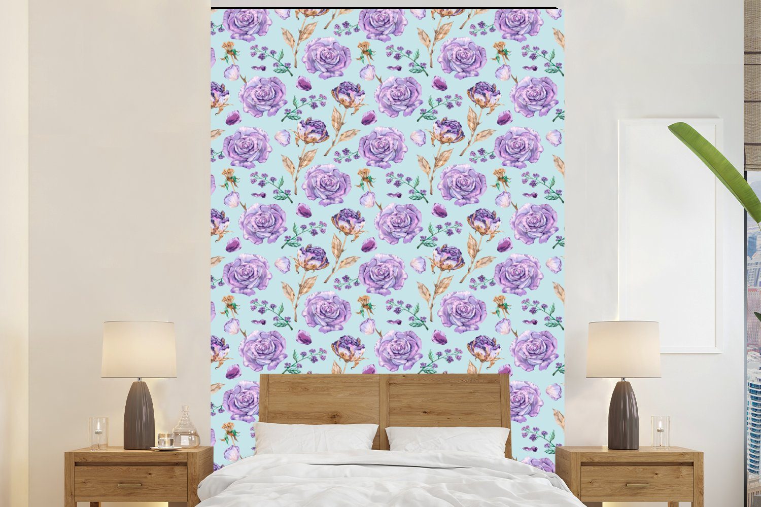 MuchoWow Fototapete Blumen - Muster - Rosen, Matt, bedruckt, (3 St), Montagefertig Vinyl Tapete für Wohnzimmer, Wandtapete