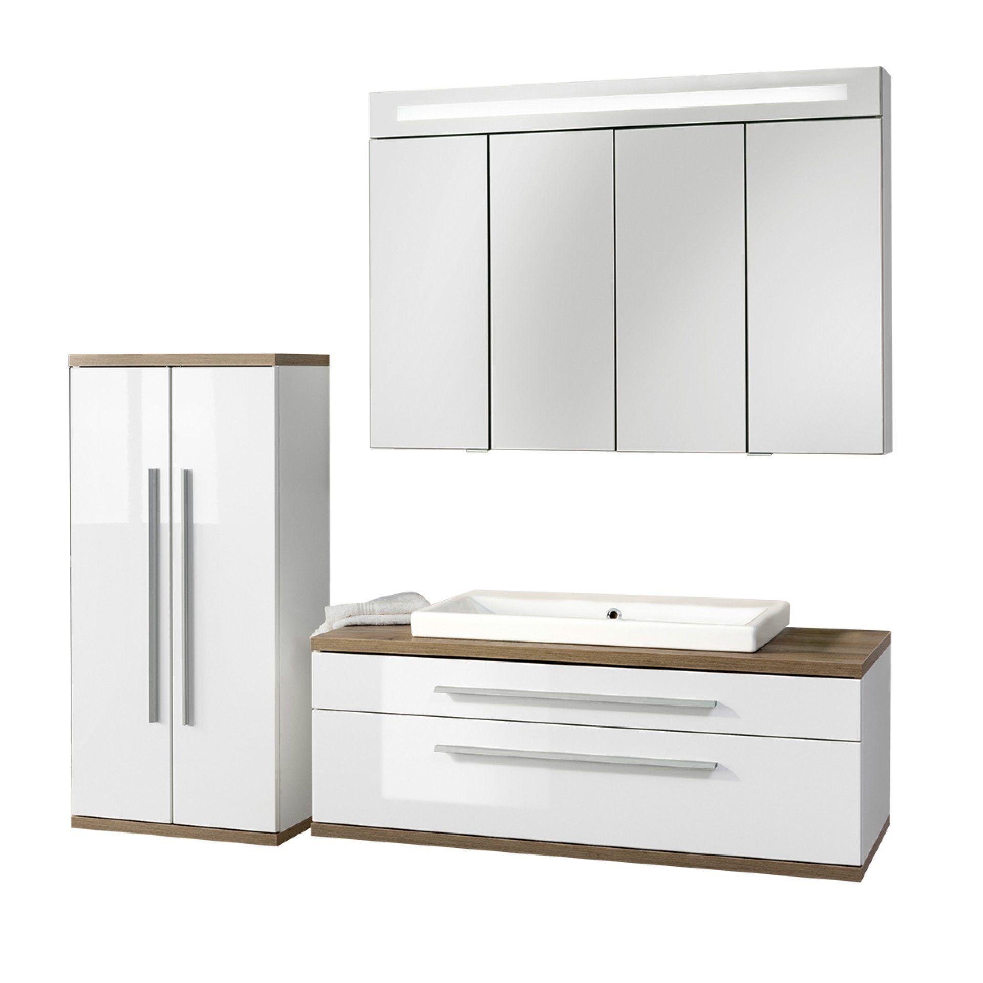 FACKELMANN Badmöbel-Set STANFORD 110 cm breit, Weiß, Keramik, Spiegelschrank + Midischrank