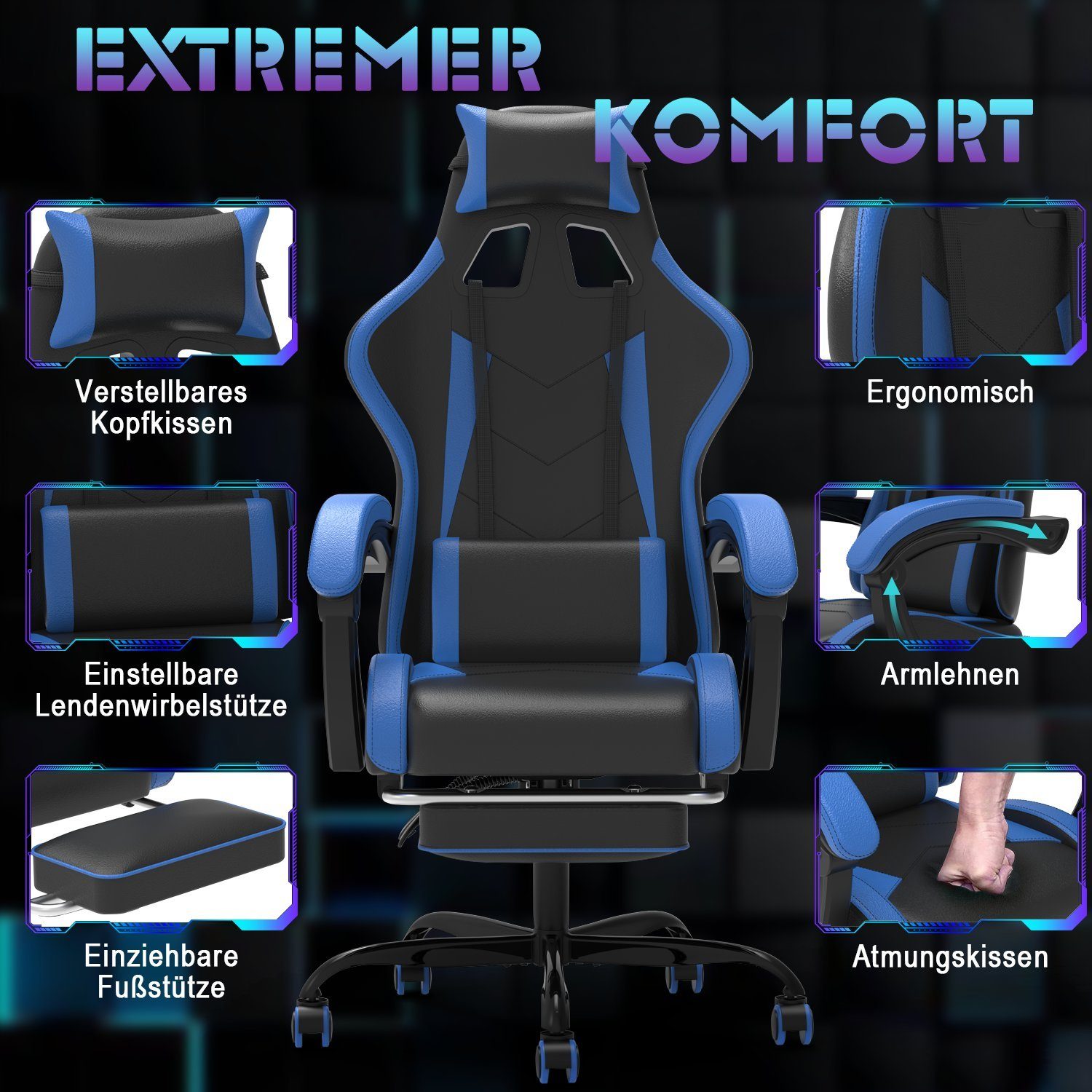 einstellbar 90-135° GUNJI Gaming Massage Fußstütze, mit Blau Stuhl Chair Rückenlehne Gaming