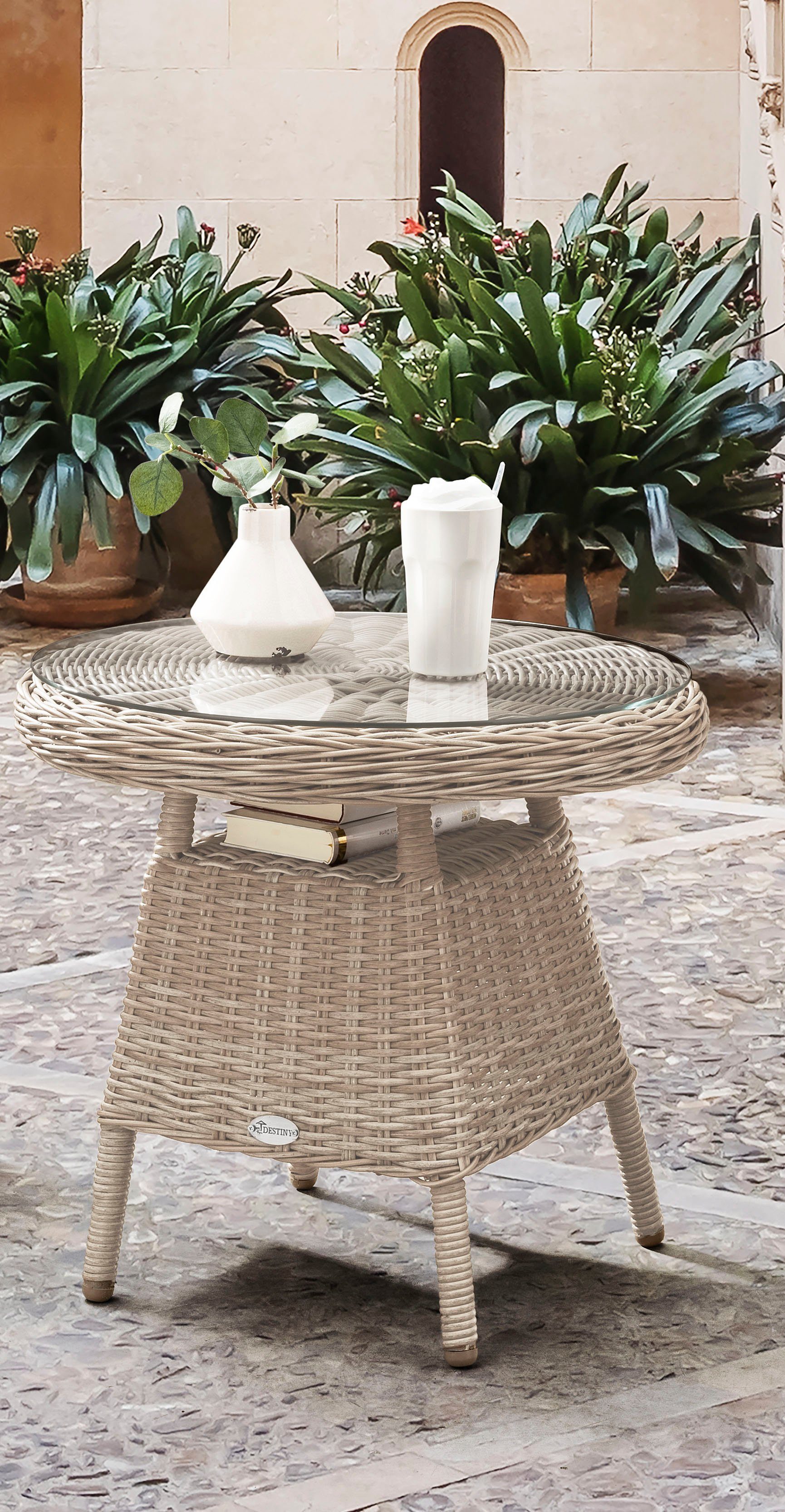 Destiny Gartentisch MALAGA, Ø aufgelegter 60x55 vintage Polyrattan, weiß mit cm, Glasplatte