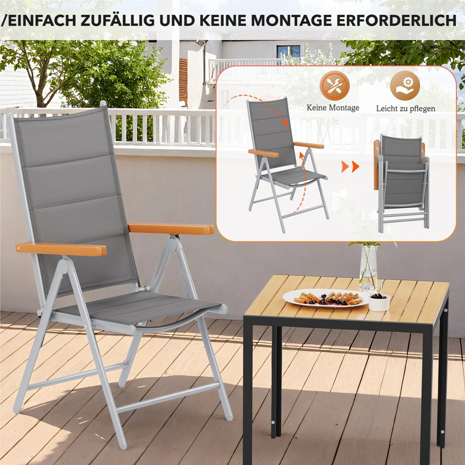 TLGREEN Gartenstuhl Hochlehner Klappbar,2er Set Aluminium Balkonstuhl, (mit Gesteppte Rückenlehne & Sitzfläche,7-Fach Verstellbar,Bis 120 kg, 2 St), utdoor Esszimmerstuhl, Armlehnen Klappstuhl
