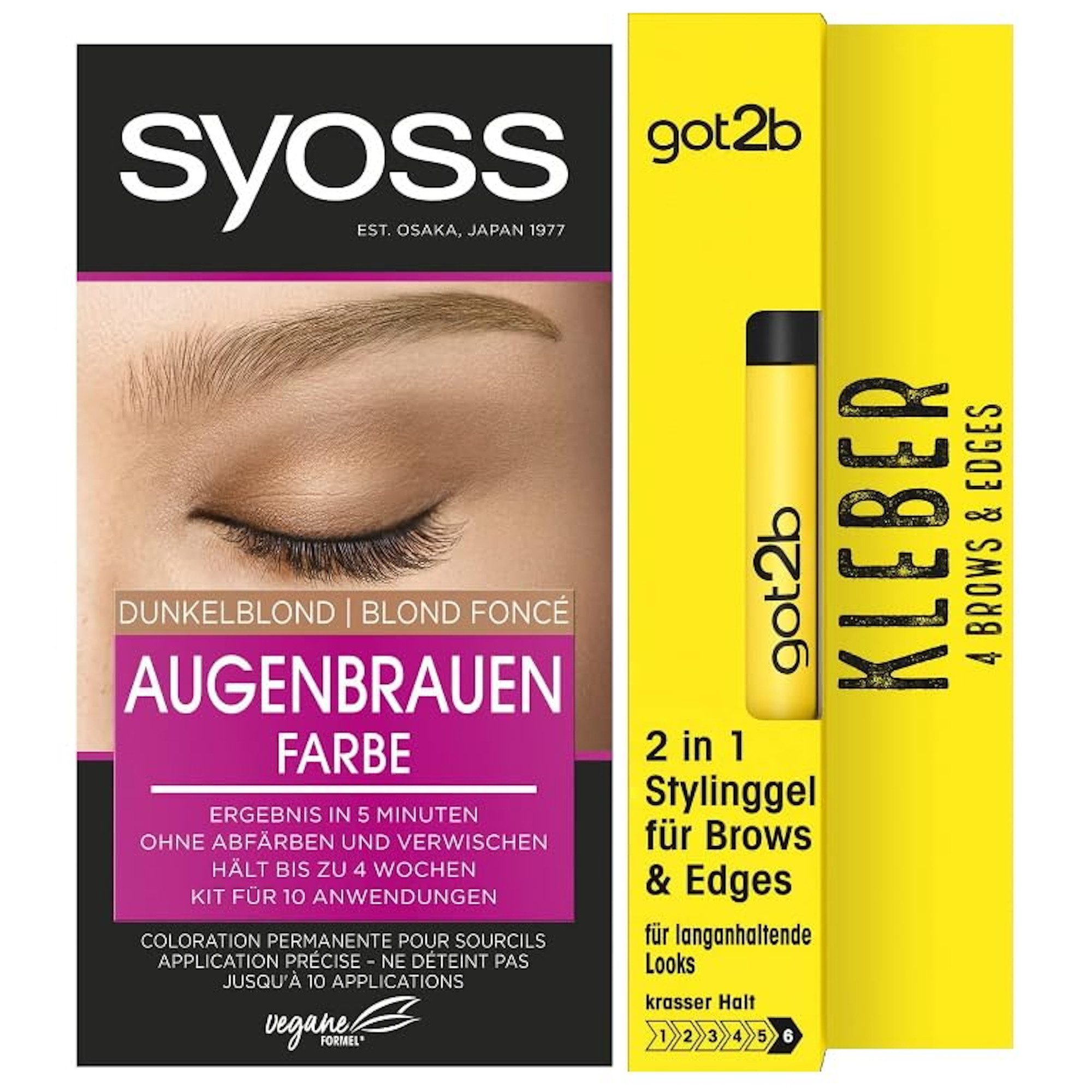 Syoss Augenbrauenfarbe Dunkelblond 17ml & GOT2B 2in1 Stylinggel Kleber 4 Brows & Edges 16ml, Natürlicher Look & langanhaltendes Ergebnis