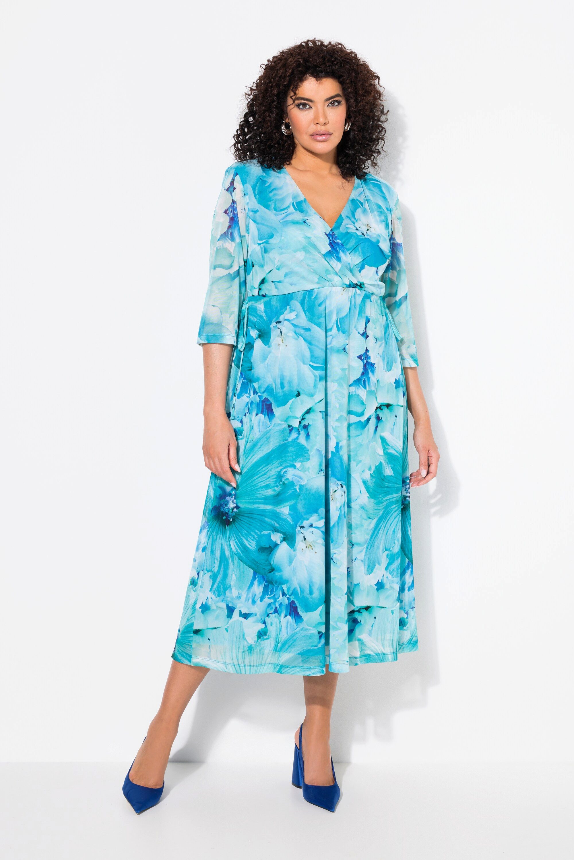 Abendkleid Mesh-Maxikleid Blüten V-Ausschnitt 3/4-Ärmel