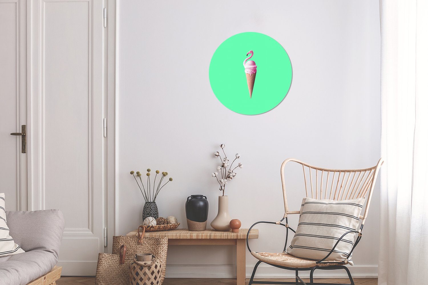 Forex, Eistüten Flamingo Eiscreme Wanddekoration - St), Wandbild, - Gemälde Grün, MuchoWow Rosa - (1 Wohnzimmer, cm 30x30 Rundes Kreis -