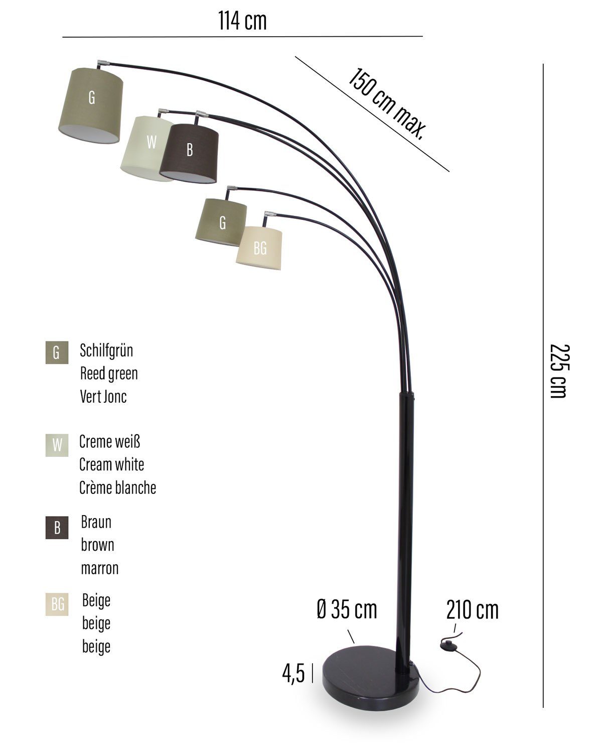 Stehlampe und Nivia inklusive, schwenk- 5-armig schwarz braun Kiom abhängig neigbar, nicht Bogenleuchte Leuchtmittel 225cm, Leuchtmittel &
