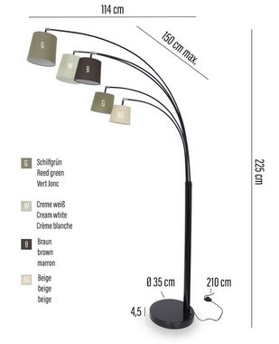 Kiom Stehlampe Bogenleuchte Nivia 5-armig schwarz & braun 225cm, schwenk- und neigbar, Leuchtmittel nicht inklusive, Leuchtmittel abhängig