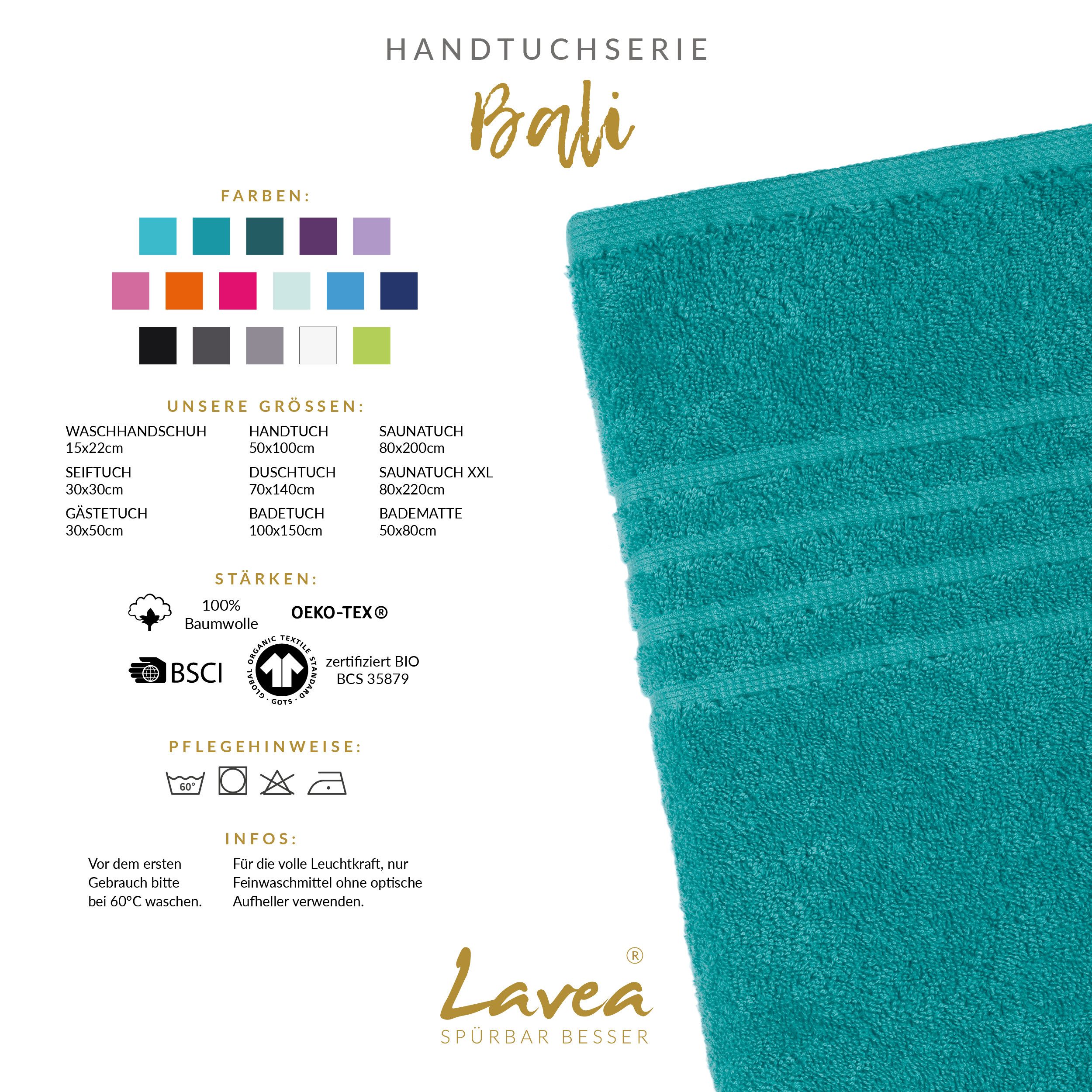 Lavea Badetuch Bali Duschtuch 100x150 cm Duschtuch 70x140 cm, Weiches Bio-Baumwollfrottee (1-St), Handtuch, GOTS-zertifiziert, extra saugstark mit 500g/m²