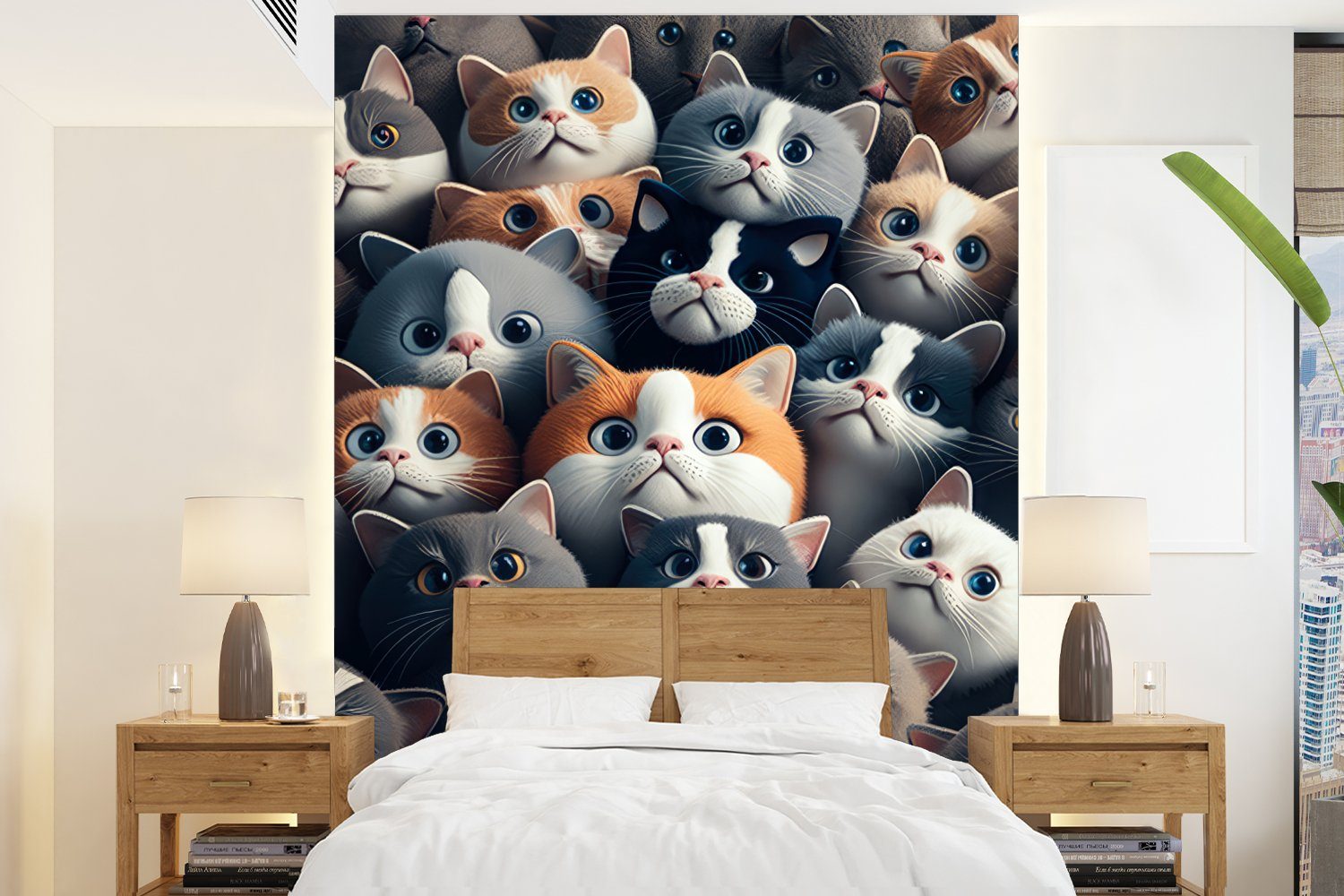 Vinyl - Wohnzimmer, (4 Wandtapete Muster Kind, bedruckt, - Montagefertig für Katze St), Grau Tapete - - Tiere Fototapete - Matt, Katze MuchoWow