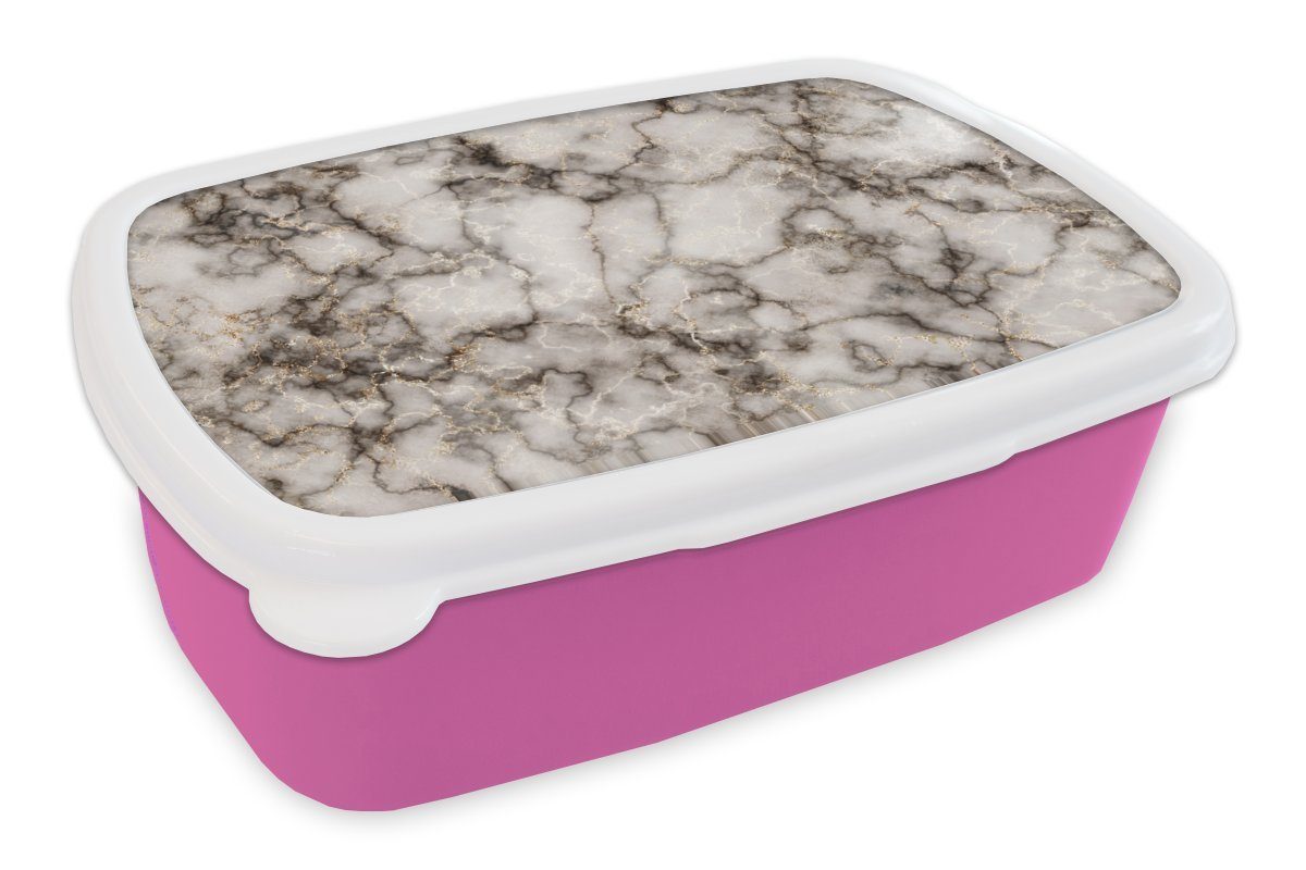 MuchoWow Brotbox Erwachsene, - (2-tlg), Lunchbox Golden, - Snackbox, Schwarz Brotdose Marmor Kinder, für rosa Kunststoff Mädchen, Kunststoff,
