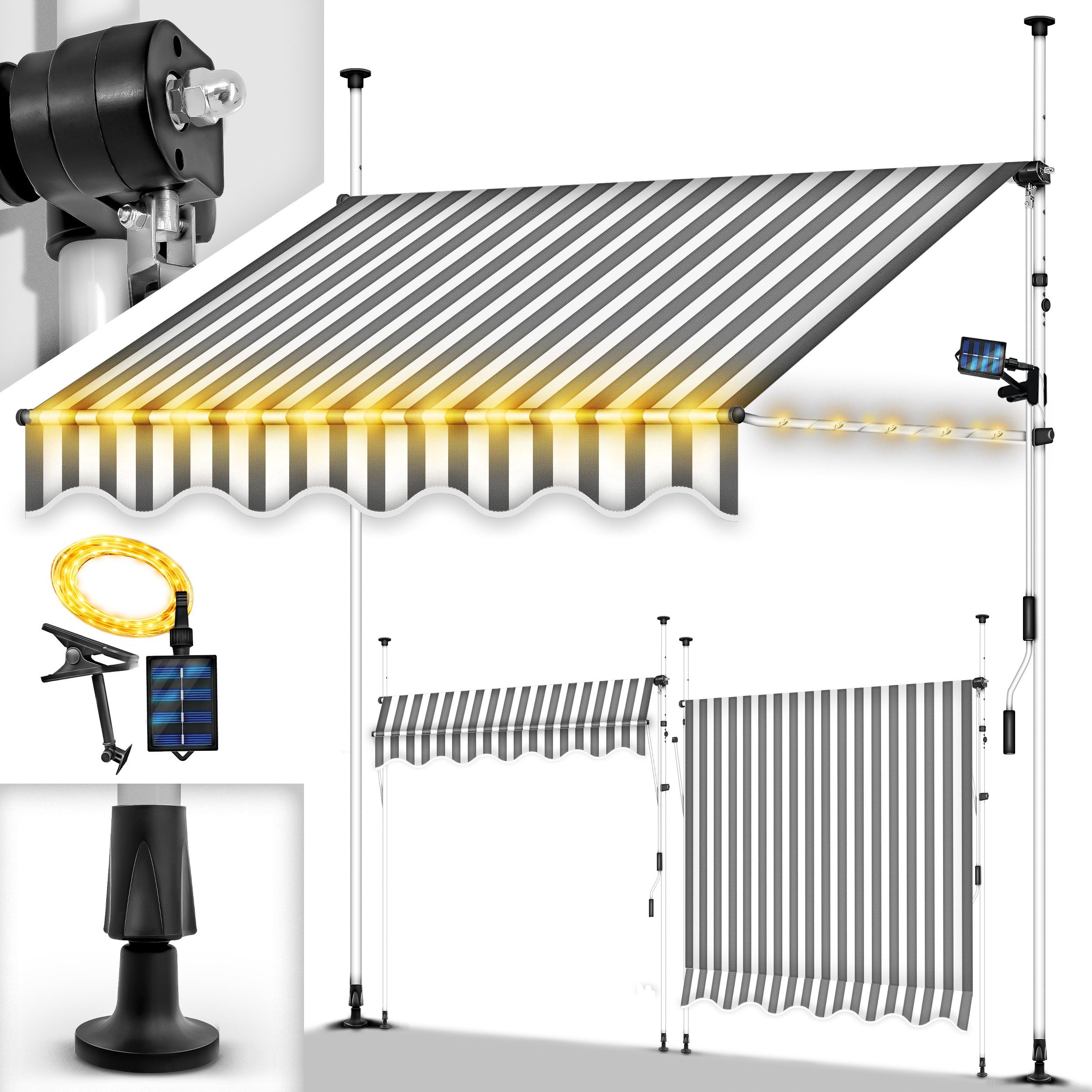 tillvex Klemmmarkise ohne Bohren mit LED & Handkurbel Balkonmarkise Markise Balkon (UV-beständig & höhenverstellbar Sonnenschutz wasserdicht)