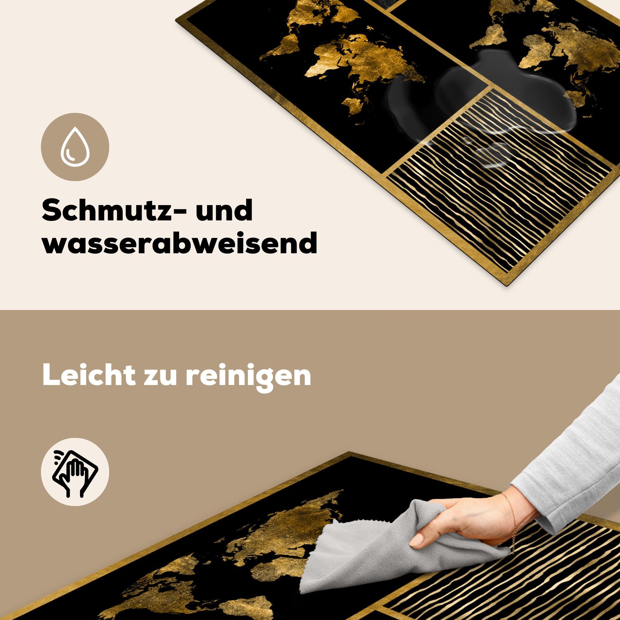 tlg), cm, - Weltkarte Vinyl, (1 MuchoWow Schutz Induktionskochfeld Collage die 81x52 Sprichwörter küche, - Gold, Herdblende-/Abdeckplatte für - Ceranfeldabdeckung