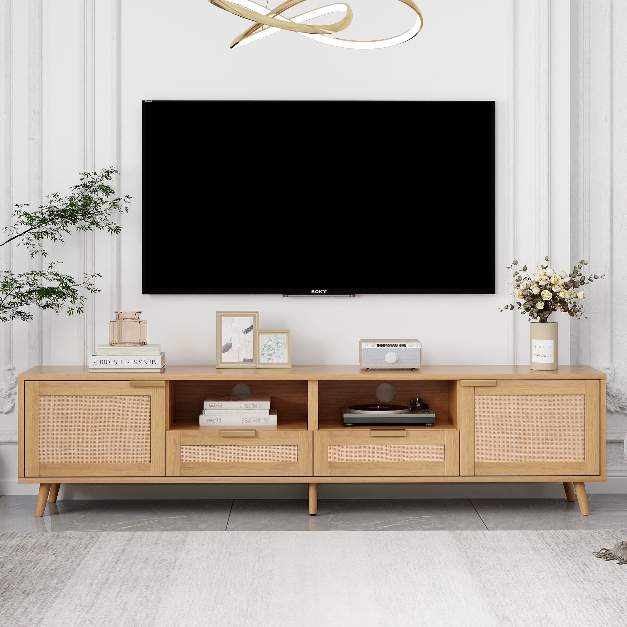 OKWISH TV-Schrank Hochwertiger Holz-TV-Schrank mit Echtholzfüßen (TV-Konsolentisch,200*37*49cm) mit massiven Holzfüßen, Geflochtener Rattan-TV-Boards