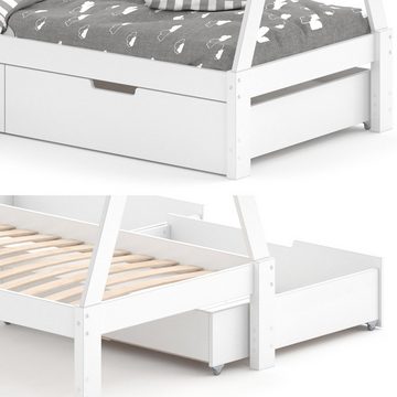 VitaliSpa® Kinderbett Kinderhausbett Umbau 90x200cm TIPI Weiß 2 Schubladen