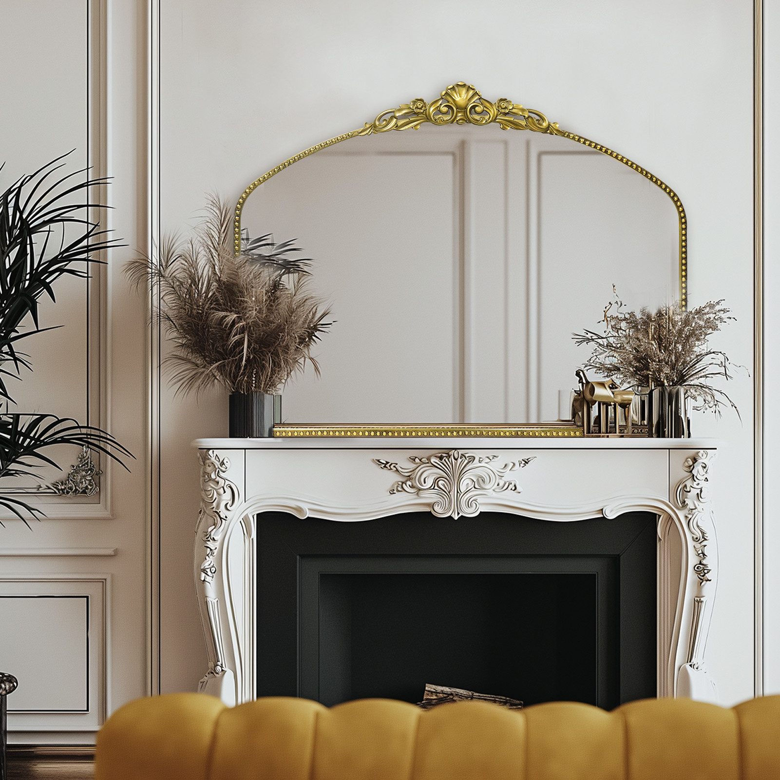 G-LEAF Spiegel Antiker Spiegel im Barockstil mit Metallrahmen von Perlenverzierung (1-St), Bogen-Wandspiegel, 102cm x 76cm, Vintage-Golden