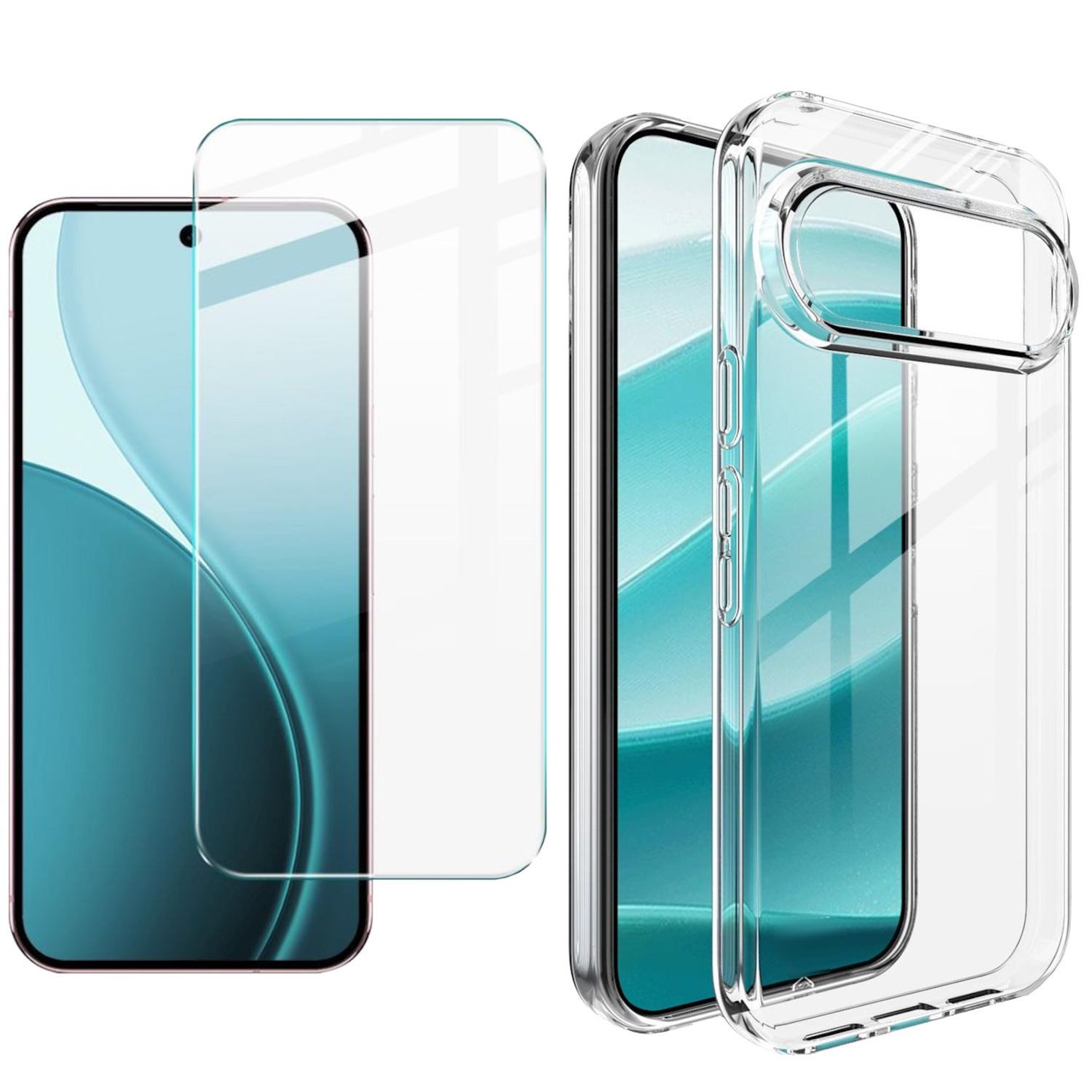 Wigento Handyhülle + 9H Schutzglas für Google Pixel 11 / 10 Pro / 10 Set TPU + 2 in 1 6,3 Zoll, Produktset TPU Hülle mit Hart Glas