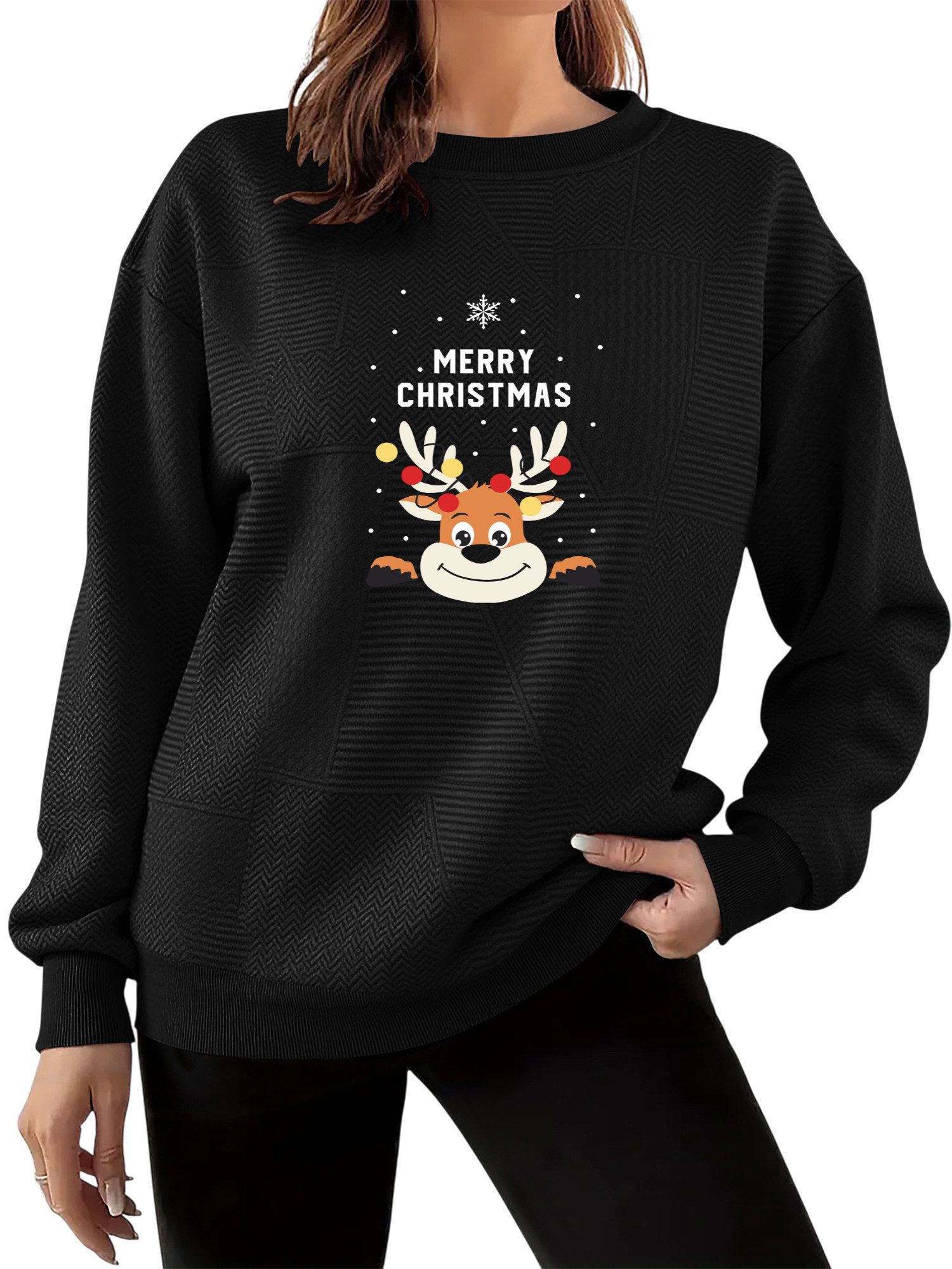 PYLIKE Sweatshirt Bequemer Damen-Pullover mit Elch Print und Drop-Shoulder günstig online kaufen