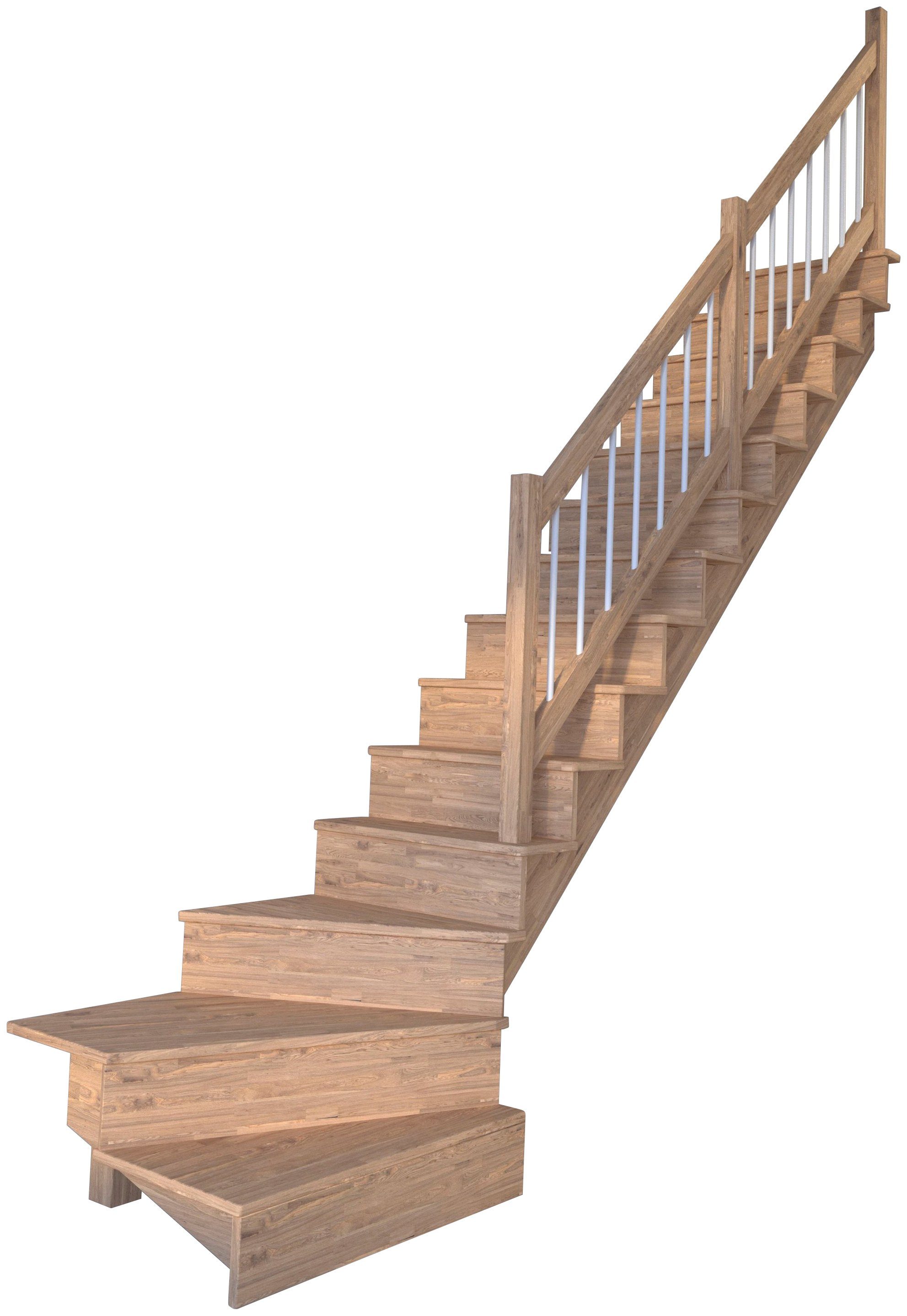 Starwood Systemtreppe Massivholz Lindos, Durchgehende Wangenteile Rechts, bis Stufen Weiß, für 300 geschlossen, gewendelt Holz-Edelstahl Geschosshöhen cm
