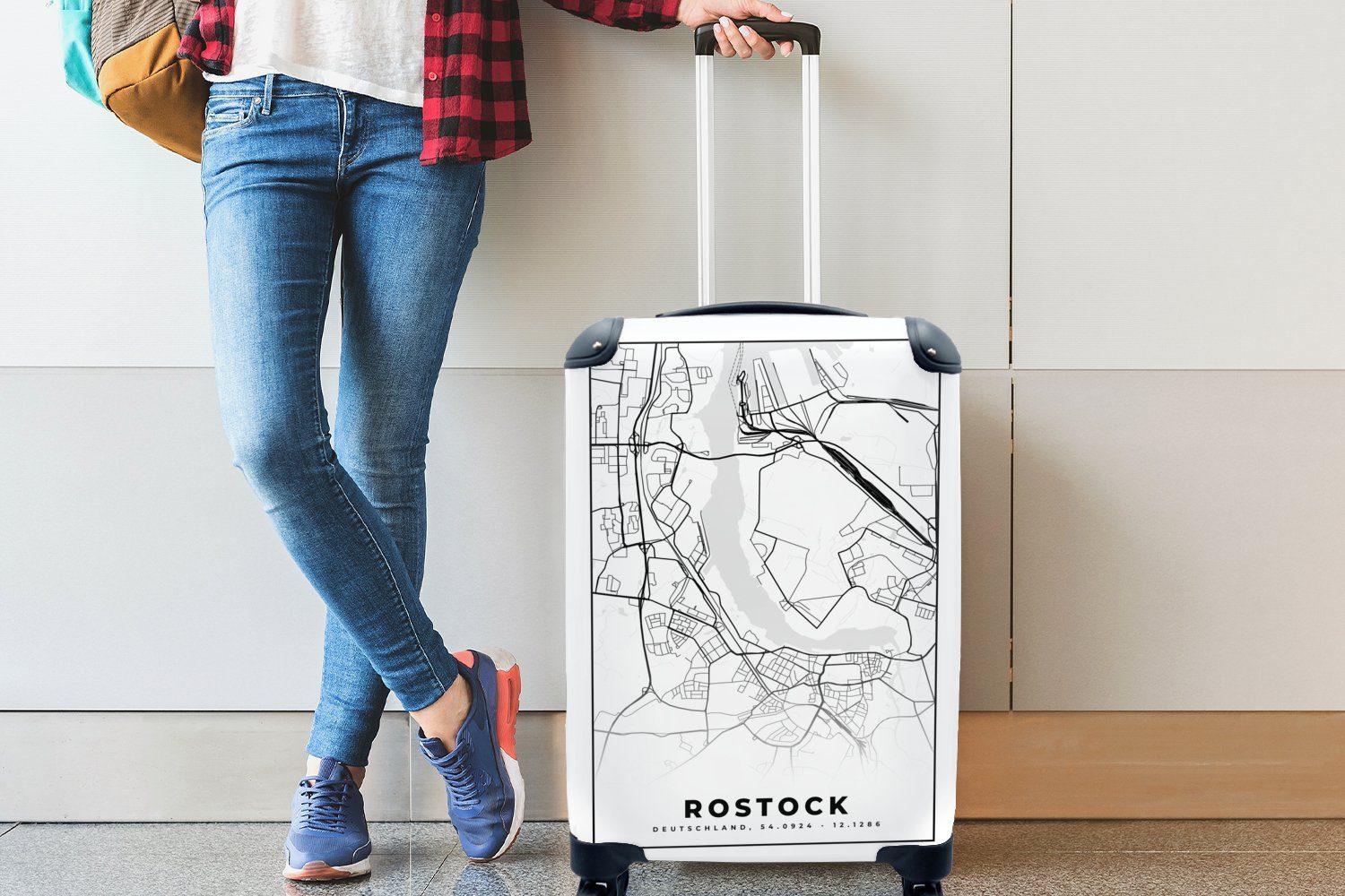 MuchoWow Handgepäckkoffer Karte - Karte, für Rostock - 4 rollen, Ferien, Stadtplan mit Reisekoffer Reisetasche Trolley, Rollen, Handgepäck 