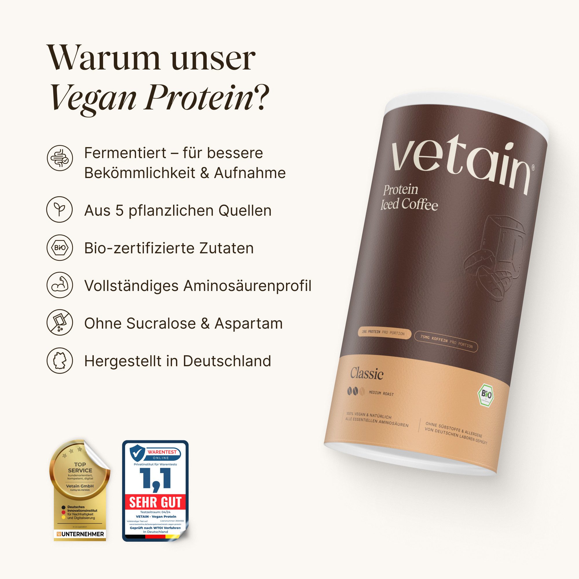 VETAIN Vegan Protein Pulver, 600 g, 5 Proteinquellen mit fermentierten Erbsen & Reis