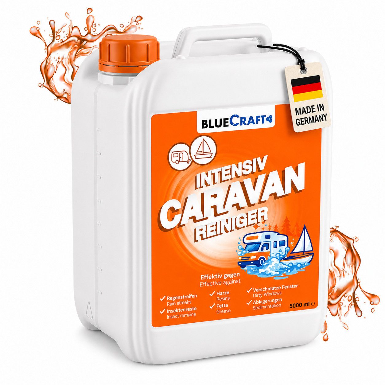 BlueCraft Caravan Reiniger für Wohnmobil & Wohnwagen - extra Premium Konzentrat Auto-Reinigungsmittel (1x 5 L Caravanreiniger für bis zu 105 L Anwendungslösung hoch effektiv gegen Regenstreifen & Schmutz - für Acryl- & Plexiglas)