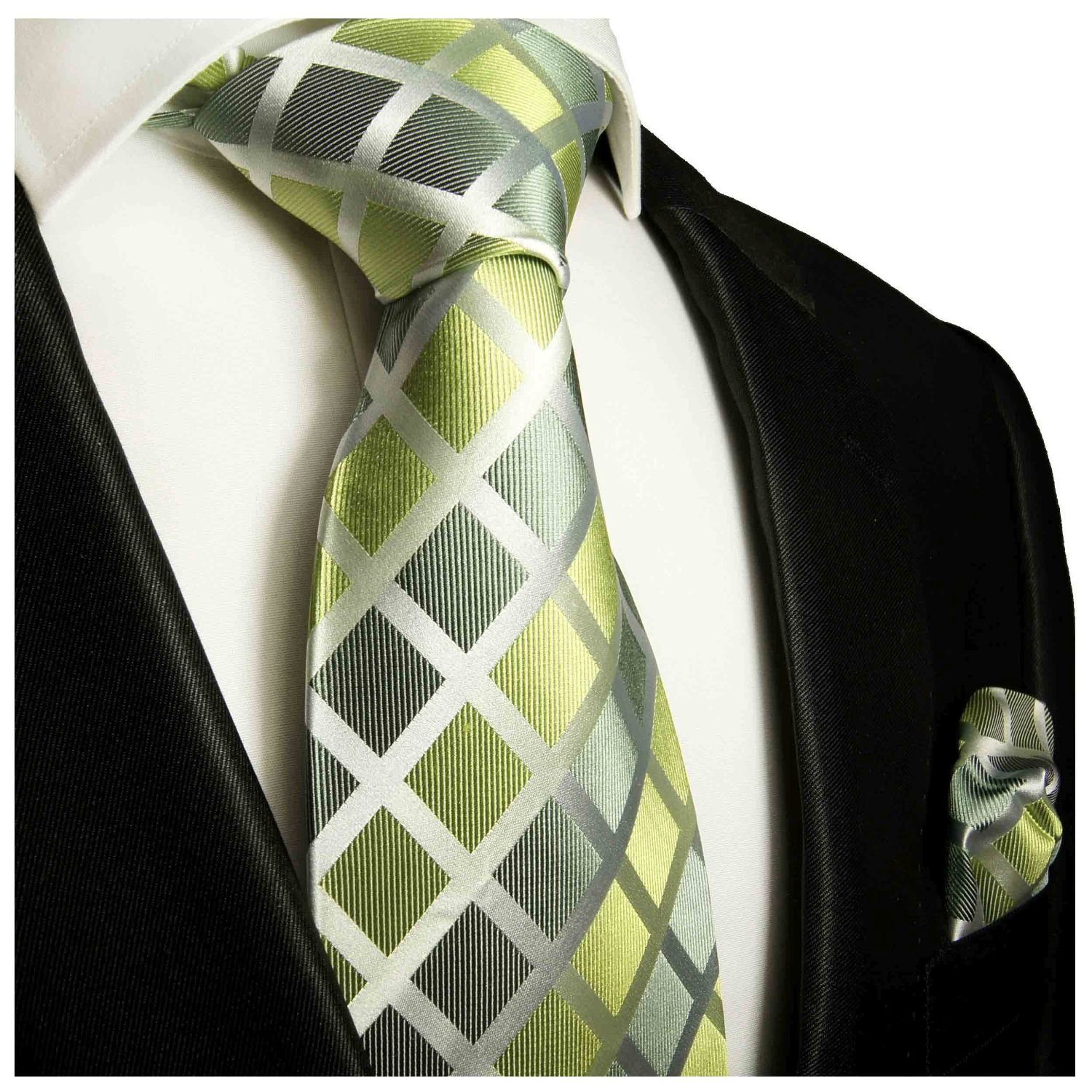 Paul Malone Krawatte Herren Seidenkrawatte mit Tuch modern kariert 100% Seide (Set, 2-St., Krawatte mit Einstecktuch) Schmal (6cm), grün 460