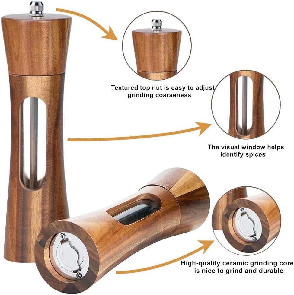 Refined Living Salz-/Pfeffermühle Gewürzmühle Set manuell, Akazienholz Pfeffermühle, mit Keramikmahlwerk Gewürzmühle Set, Salz- und Pfeffermühle Set Holz 2er Set 20cm, Pfeffermühle Holz Salzstreuer, stufenlos einstellbar wiederbefüllbar mit Holzsockel, 1 × Löffel 2×Reinigungsbürsten, ergonomisches, langlebiges, Korrosionsbeständig, verschleißfest, für Küche, Grillabende und Esstisch, (2 Stück), für Mahlen von Salz, Pfeffer, Chili, Kräuter & viele weitere Gewürze