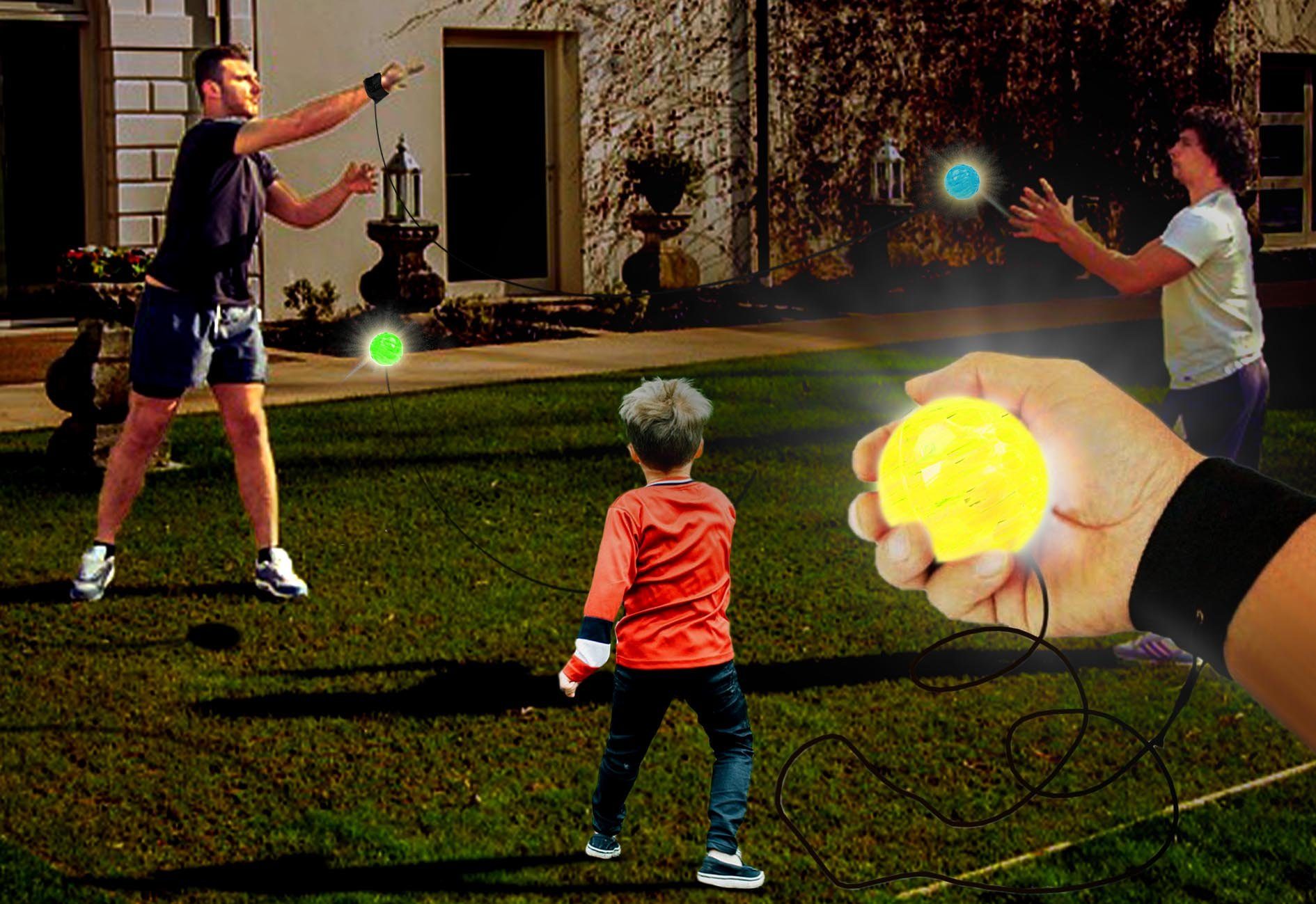 ELLUG Spielball blinkt Set und Ø5,5cm 6er Springball/Returnball/Flummi "Neon" leuchtet Armband&Schnur