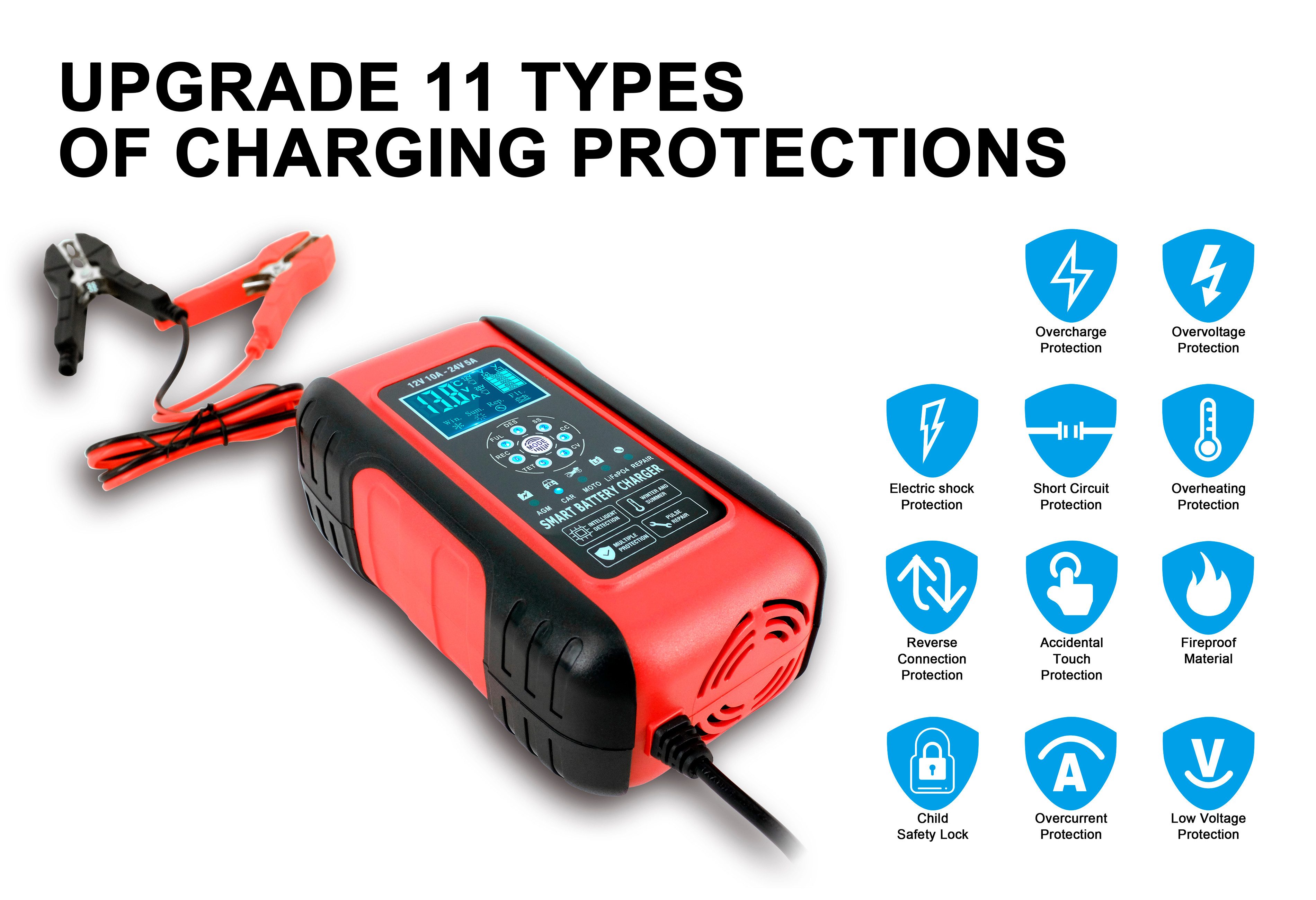 PowerSmart Elektroauto-Ladestation, 7-stufiges Autobatterieladegerät für Wet/GEL/SLA/LiFePO4/Lead-Acid/AGM Batterien, 1-St.