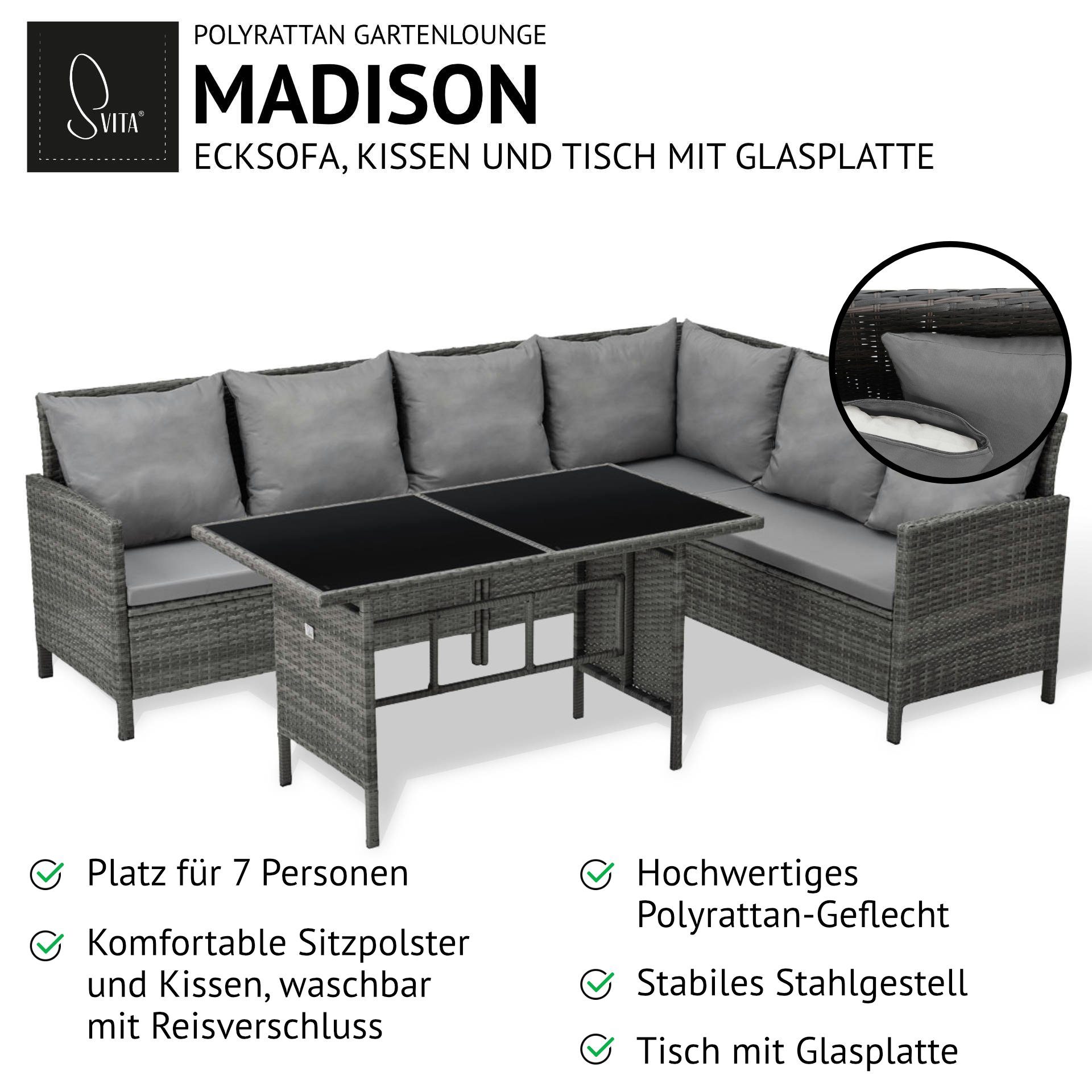 SVITA Eckbankgruppe Gartenlounge, Tisch), mit Grau Lounge MADISON, Tisch Grau Glasplatte mit (Set, 2-tlg., Sitzlounge, 
