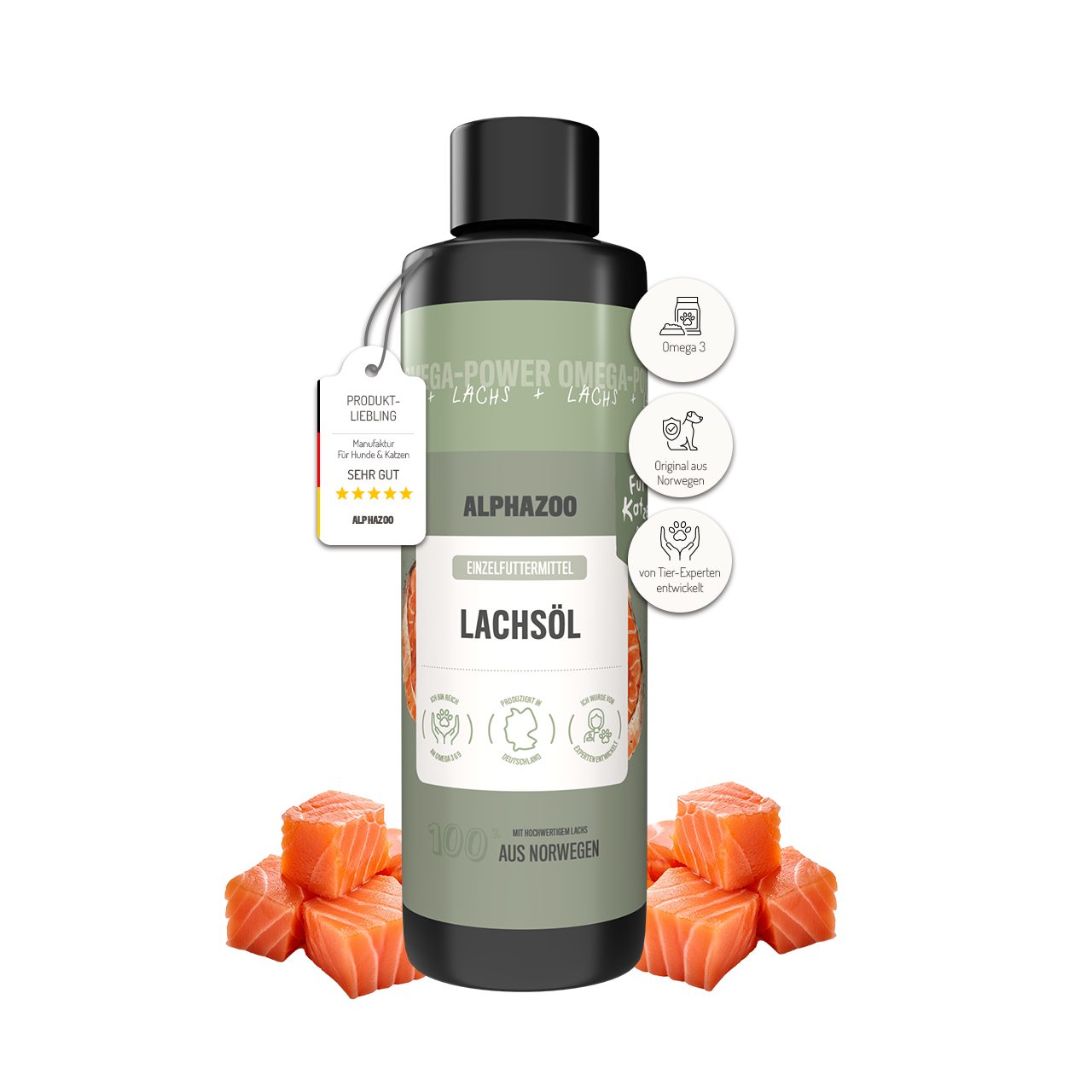 ALPHAZOO Lachsöl für Katzen 250 ml Natürliches Omega-3 Futteröl für Haut & Fell, Ergänzungsfutter für: Katzen