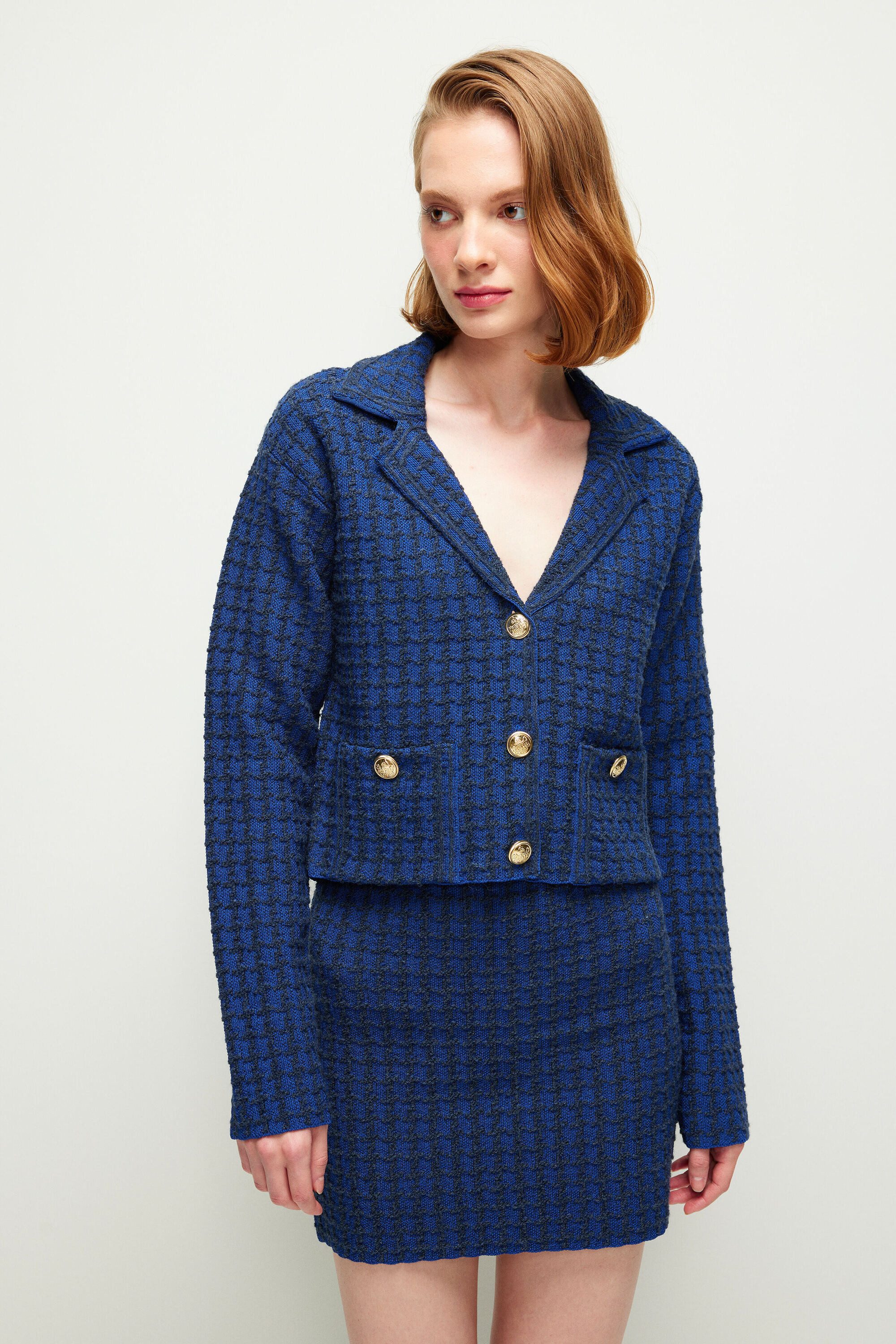 adL Cardigan Strickjacke im Hahnentrittmuster mit Metallknöpfen