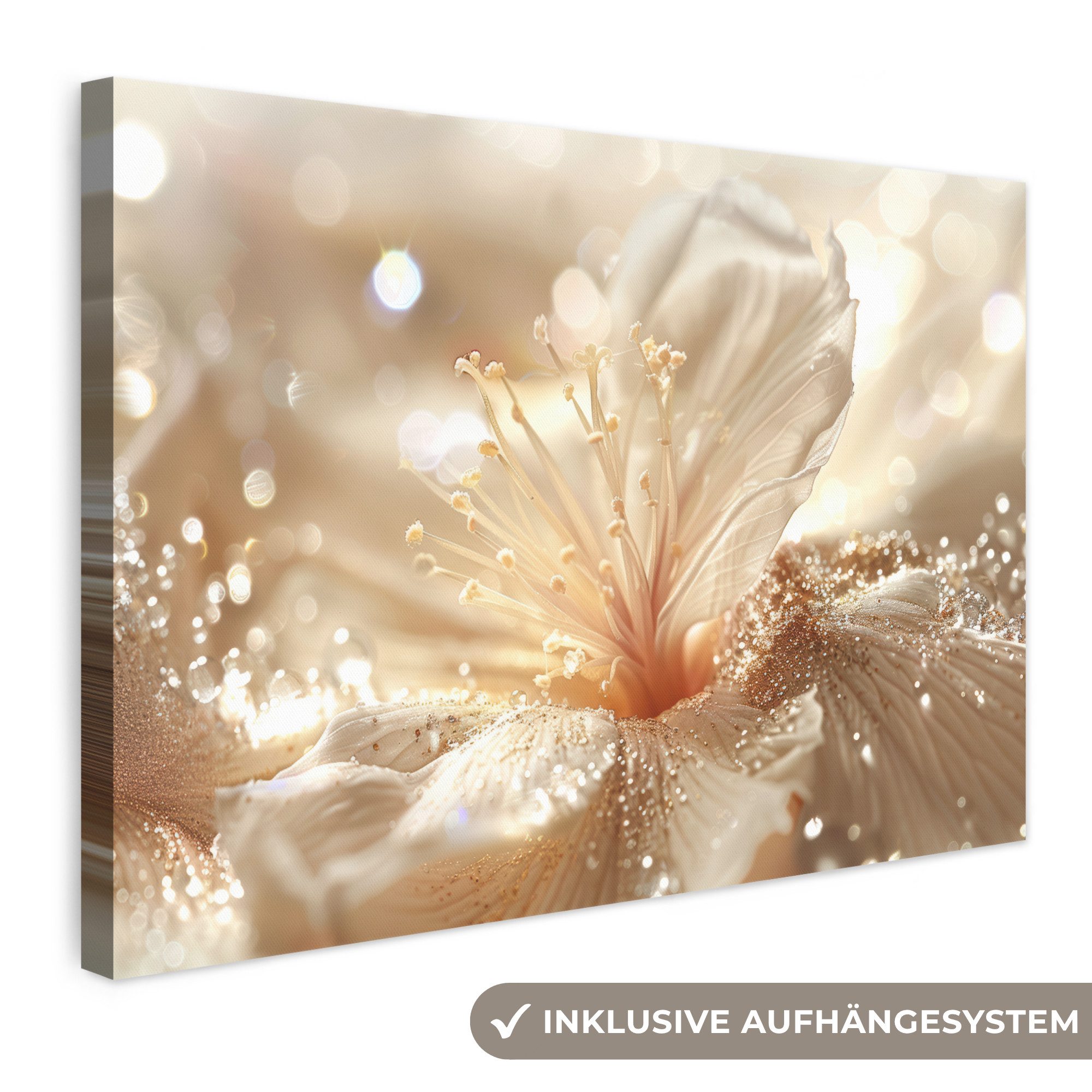 OneMillionCanvasses® Leinwandbild Blume - Weiß - Glitter - Gold - Modern, Fotodruck (1 St), Leinwand Bilder Klein, Wand Dekoration Aesthetic 30x20 cm