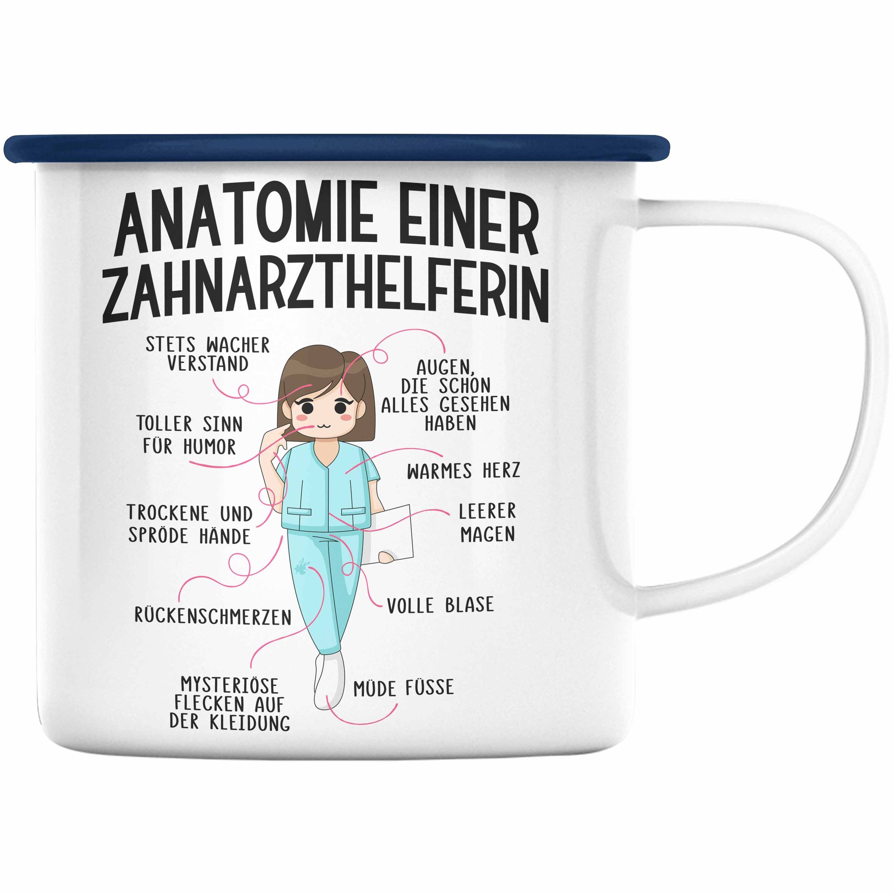 Trendation Thermotasse Trendation - Zahnarzthelferin Emaille Tasse Geschenk Lustig Zahnarzt Damen Kollegin Geschenkidee Zahnmedizinische Fachangestellte Anatomie Zahnmedizin Blau