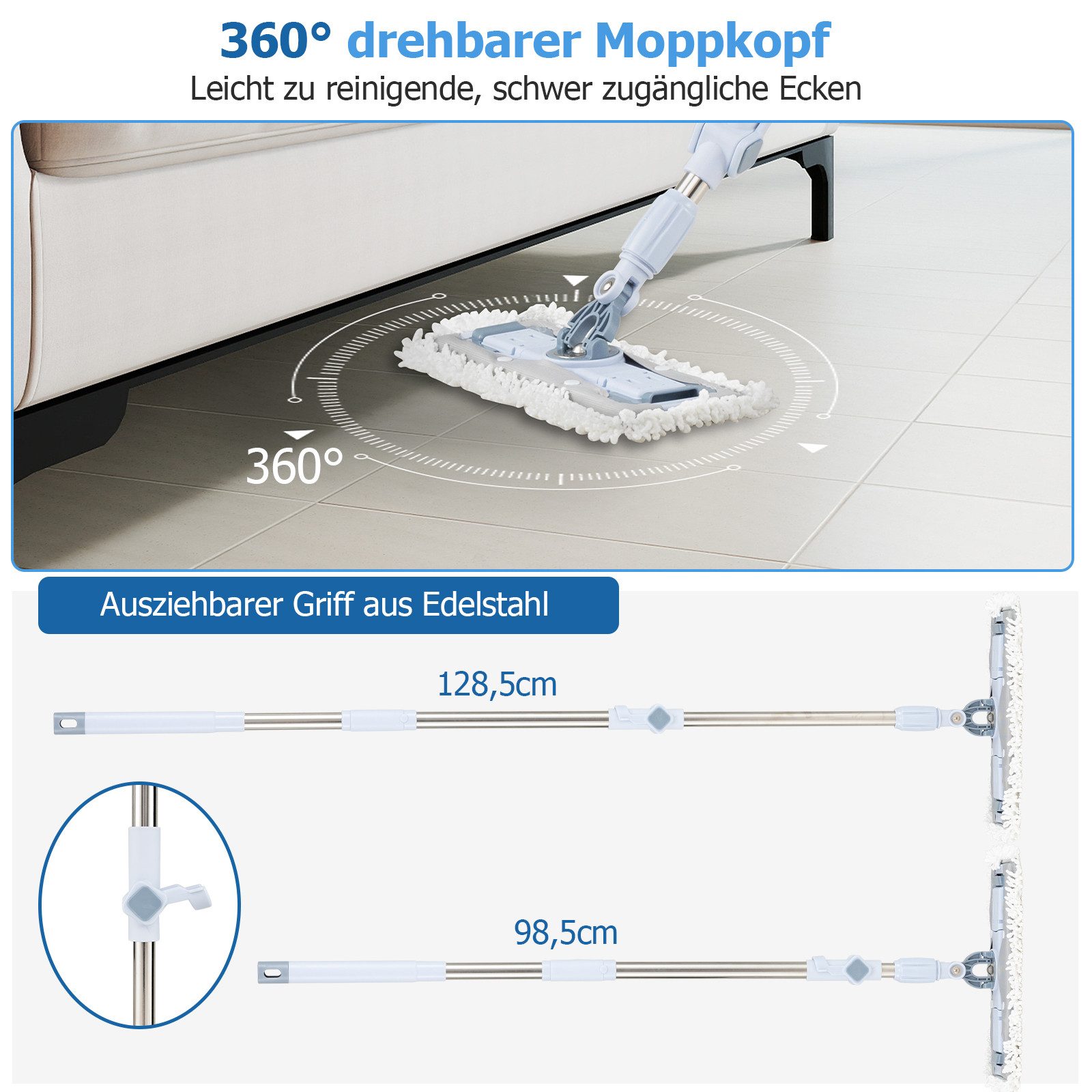 COSTWAY Wischmopp, 360° rechteckige & runde Wischköpfe, 2 Mikrofasertücher