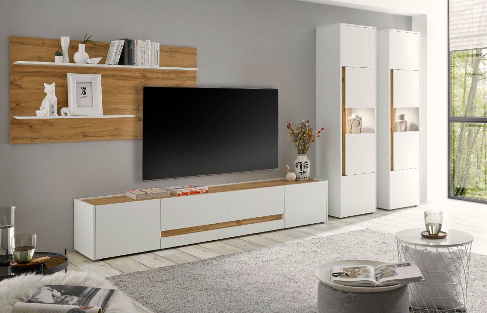 Furn.Design Wohnwand Center, x für 197 Set weiß cm), Wotan 5-teilig auch Flat-TV Eiche, (Wohnzimmer und 400 große