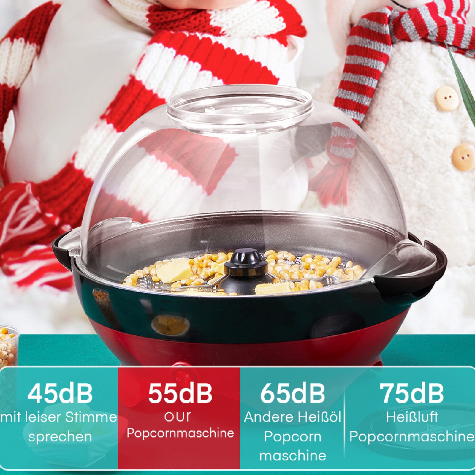 FOHERE Popcornmaschine 5.5L Popcorn Maker für Zuhause, Automatisches Rühren, Popcorn-Schüssel, Messbecher, 180°-Drehfunktion – Bild 5 von 5