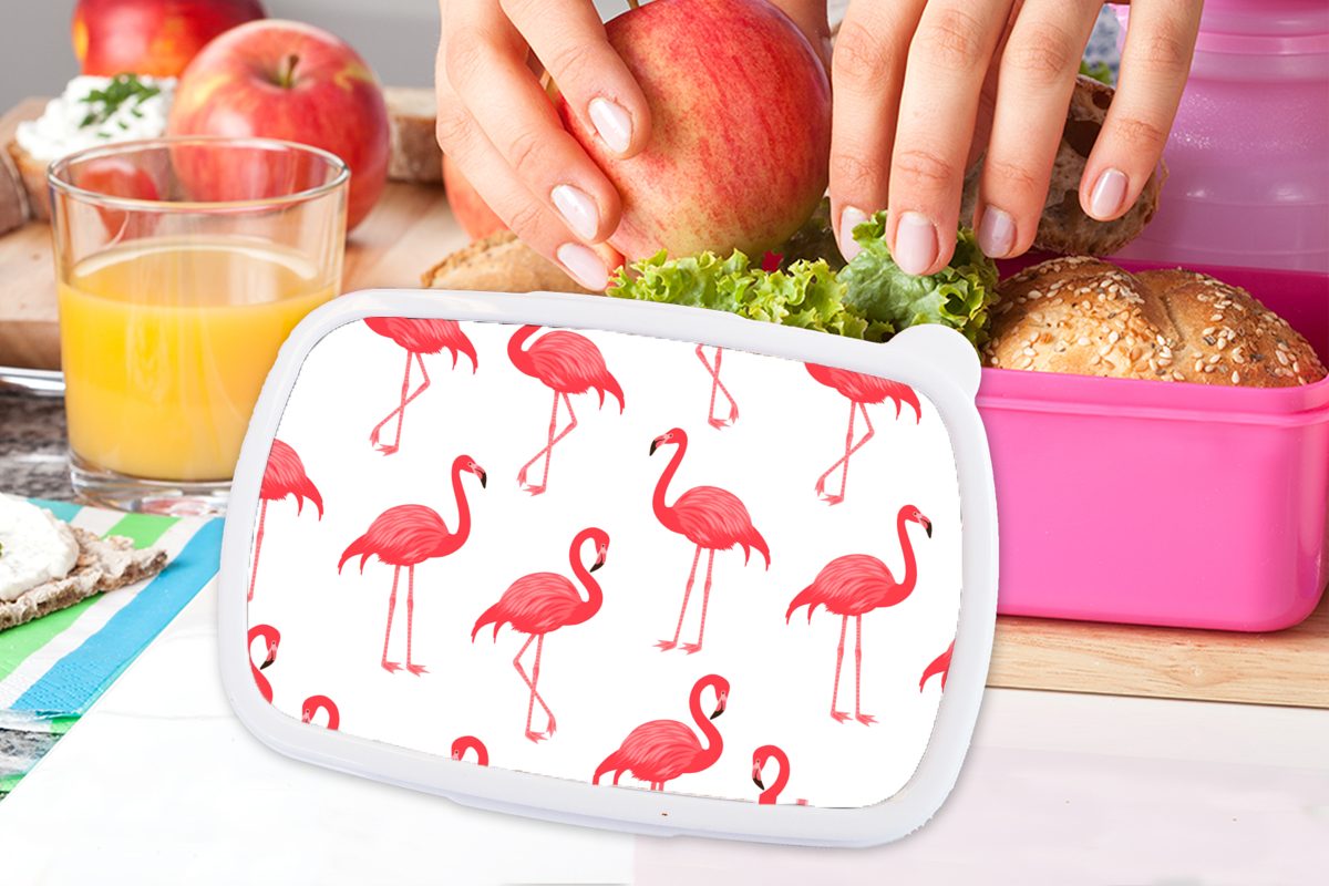 Brotbox Erwachsene, Mädchen, - (2-tlg), rosa Kunststoff, Kunststoff Lunchbox für Kinder, Vogel, - Snackbox, Flamingo MuchoWow Muster Brotdose