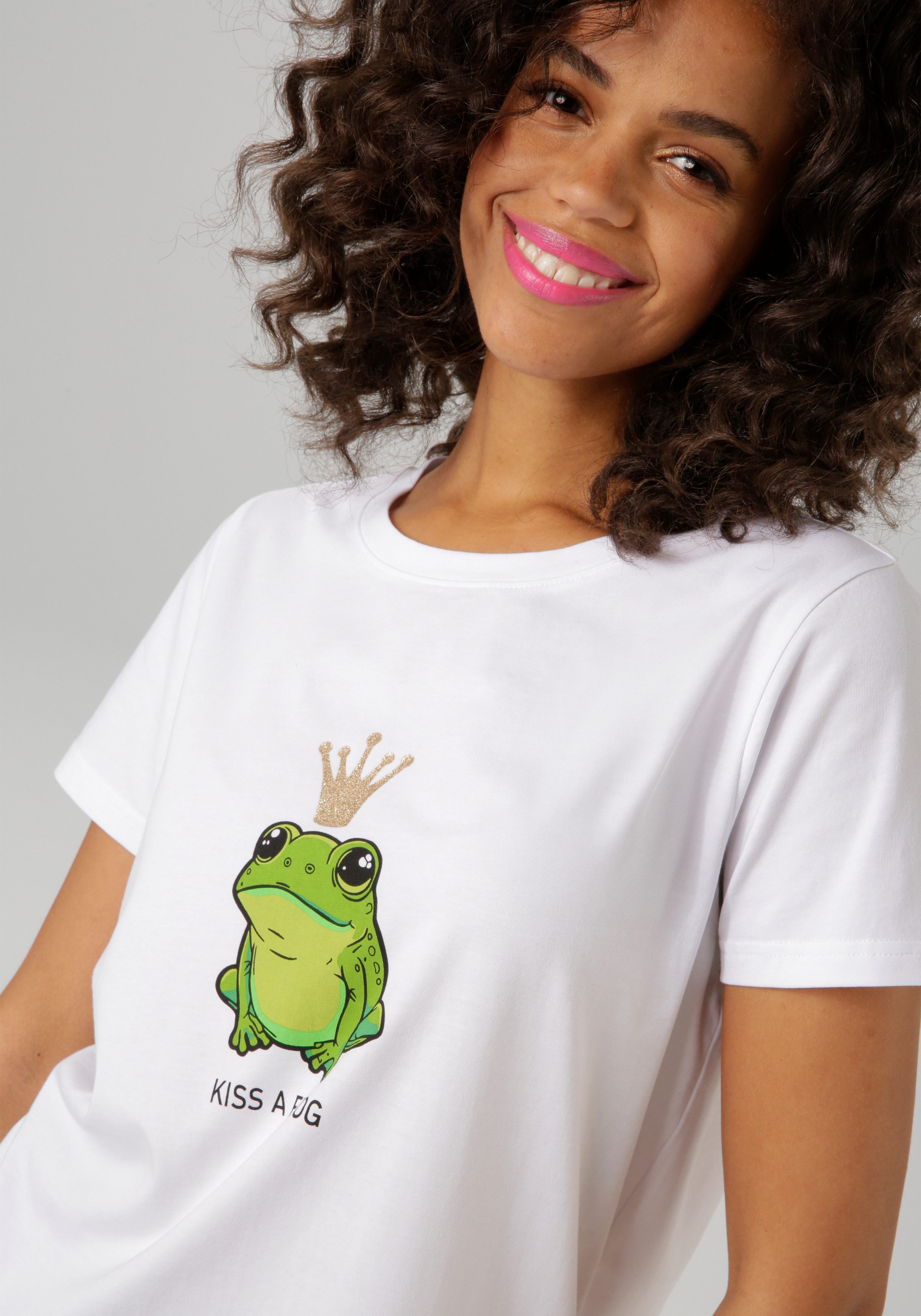Aniston CASUAL T-Shirt mit Frosch und glitzernder Krone bedruckt