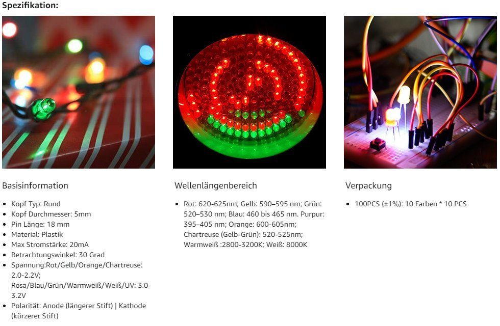 Ogeled LED-Leuchtmittel 3mm, 5mm, cyan, 10 warmweiß, orange, UV Glühbirnen, blau, weiß, Dioden, rot, St., pink, LED, Diodenlichter, Leuchtdiode, grün, Lampe, in gelb