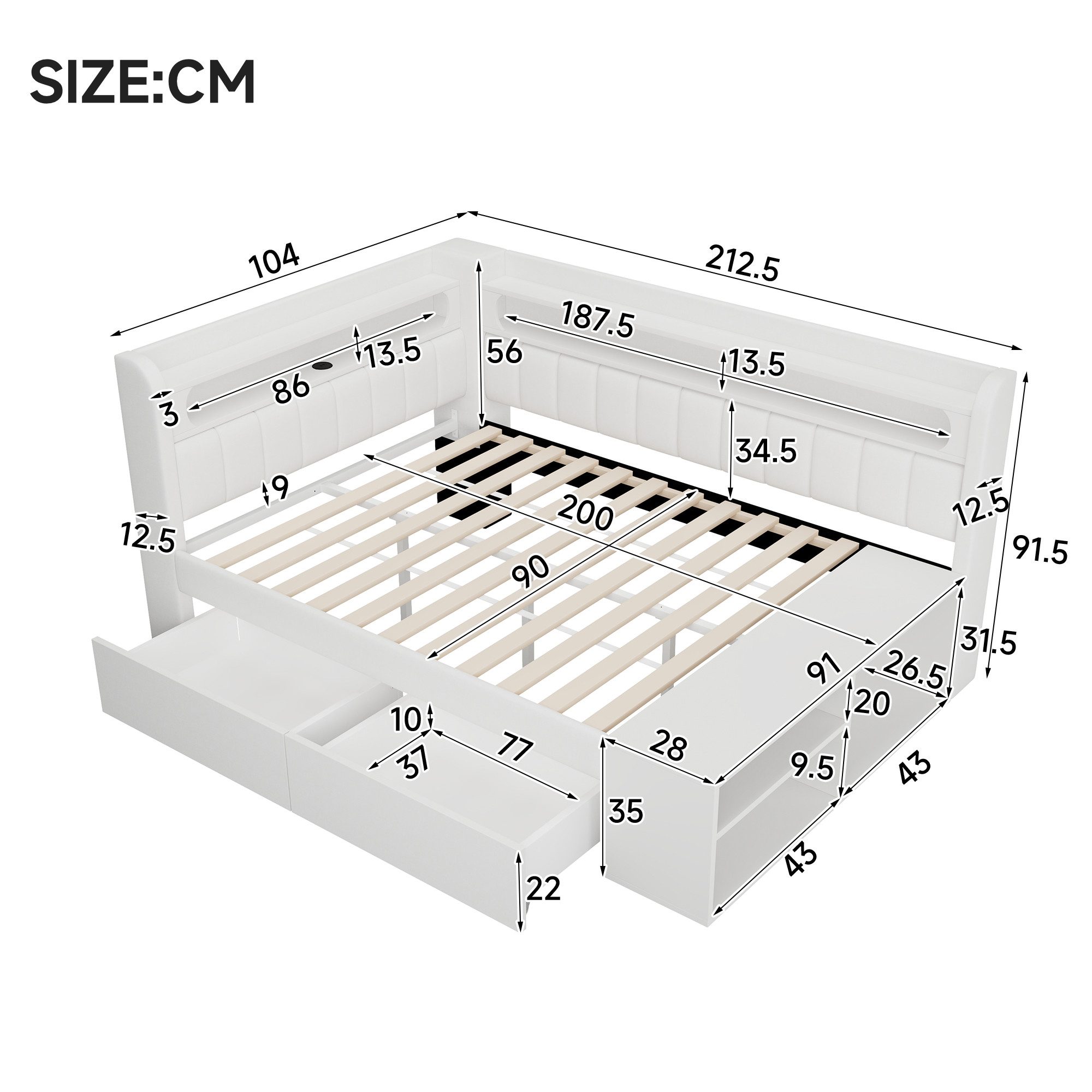 Merax Daybett 90x200cm mit USB-Anschluss & LED-Lichtleiste (Jugendbett Einzelbett Kinderbett, 1 tlg), Schlafsofa Tagesbett mit Schuhschrank, 2 Schubladen & Abla – Bild 5 von 5