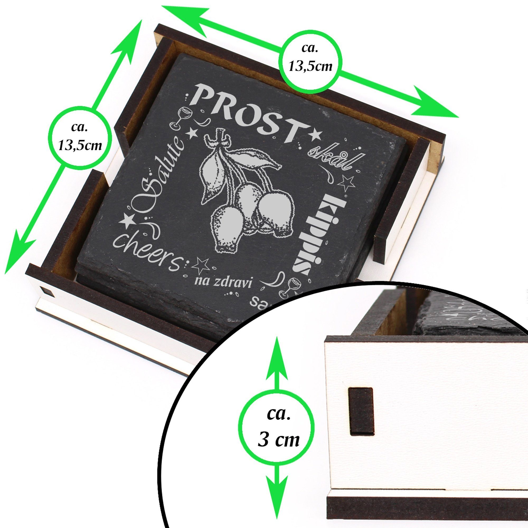 6-tlg. inkl. Flaschenuntersetzer, - Prost Getränkeuntersetzer Dekolando Box & Hagebutte