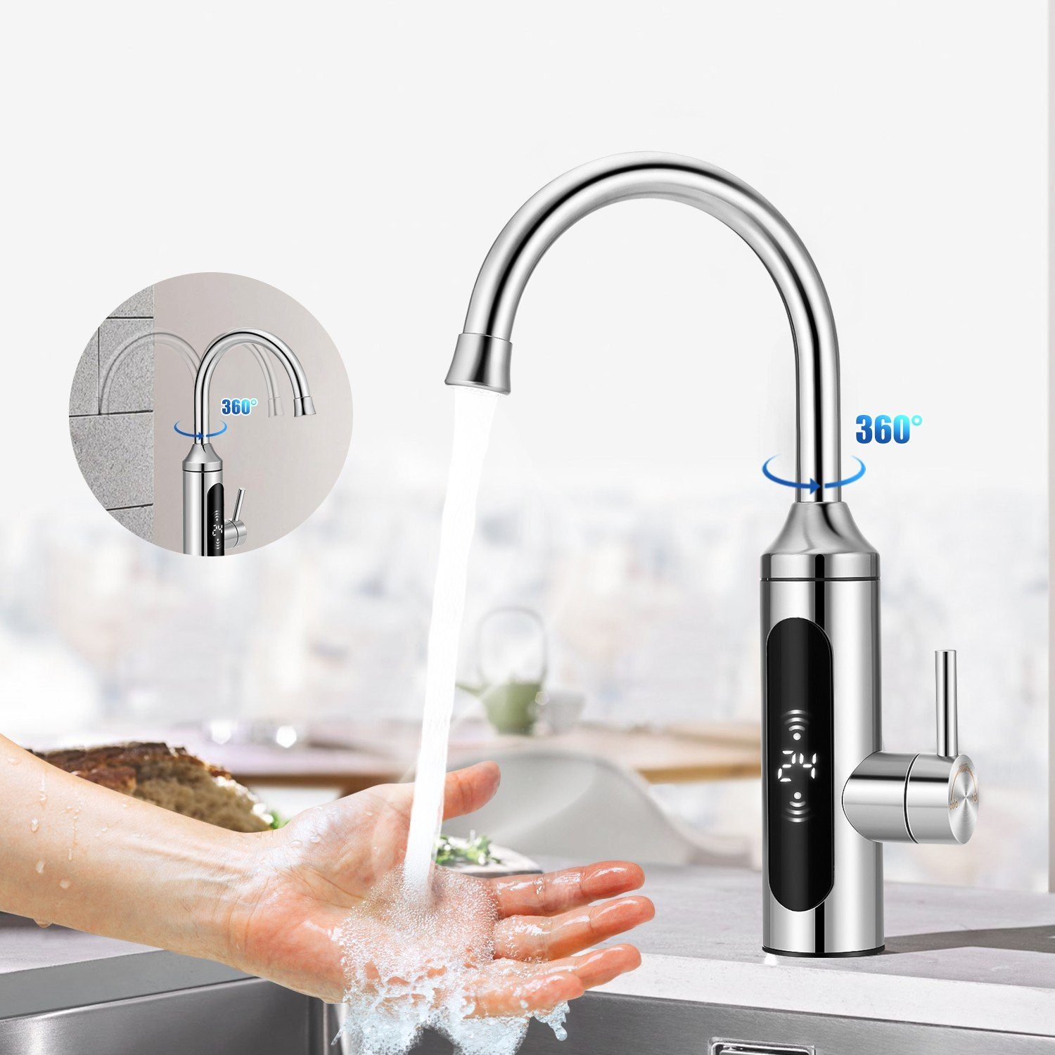 iscooter Klein-Durchlauferhitzer Elektrische Wasserhahn Edelstahl Armatur  360 ° Schwenkbar, Sofortiger Warmwasserbereiter Heater-LED  Temperaturanzeige, IPX4