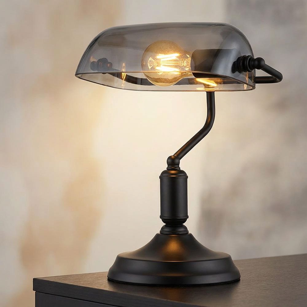 GLOBO LIGHTING Schreibtischlampe, Leuchtmittel inklusive, Warmweiß, Bankerlampe Tischleuchte Büroleuchte LED Schreibtischlampe Glas Rauch