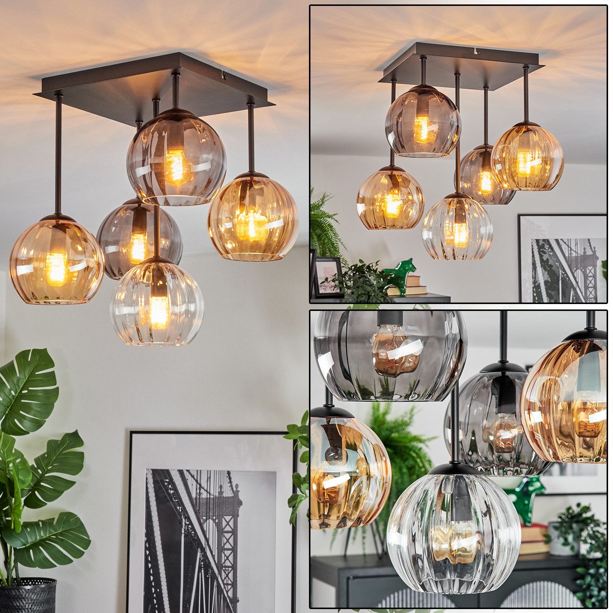 hofstein Deckenleuchte Deckenlampe aus Metall/Riffelglas in Schwarz/Rauch/Bernstein/Klar, Deckenleuchte im Retro/Vintage-Design (Schirm Ø 15 cm), 5 x E14