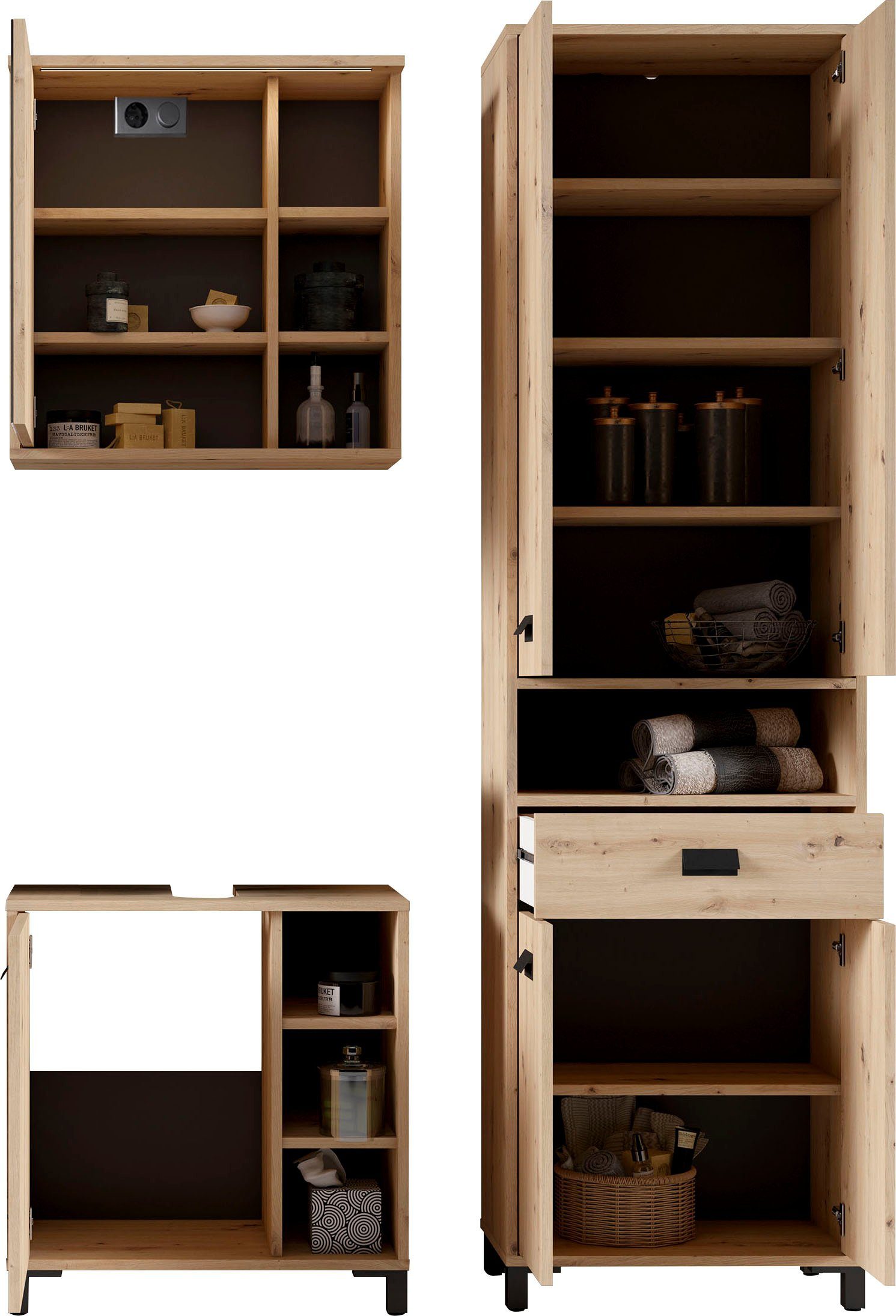 byLIVING Badmöbel-Set Wellness, (Komplett-Set, 3-St., 3-tlg), praktisches 3er-Set mit LED Beleuchtung und viel Stauraum