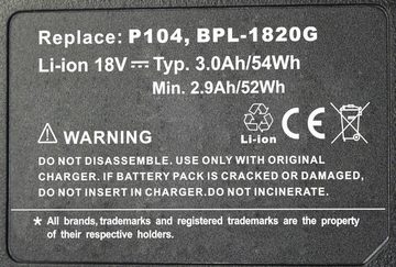 PowerSmart Akku Li-ion 18 V 3000 mAh für RYOBI OHT 1855R, P620, R18ALF-0, R18I-0, R18SDS-0, RAD1801M, RFL180M, RMT1801M