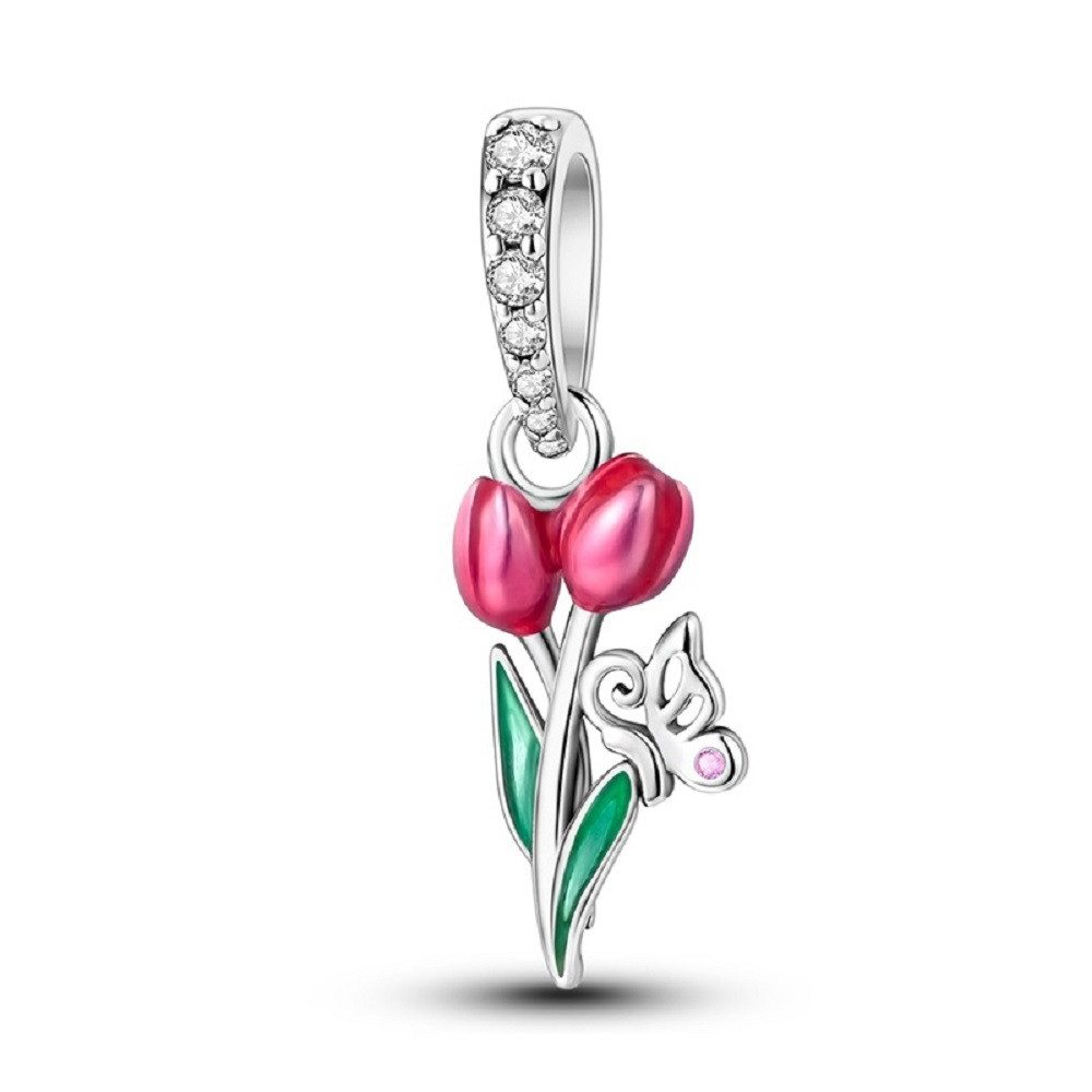 PANDACHARMS Bead Tulpen mit Schmetterling Anhänger für Armband, Silber, Zirkonia