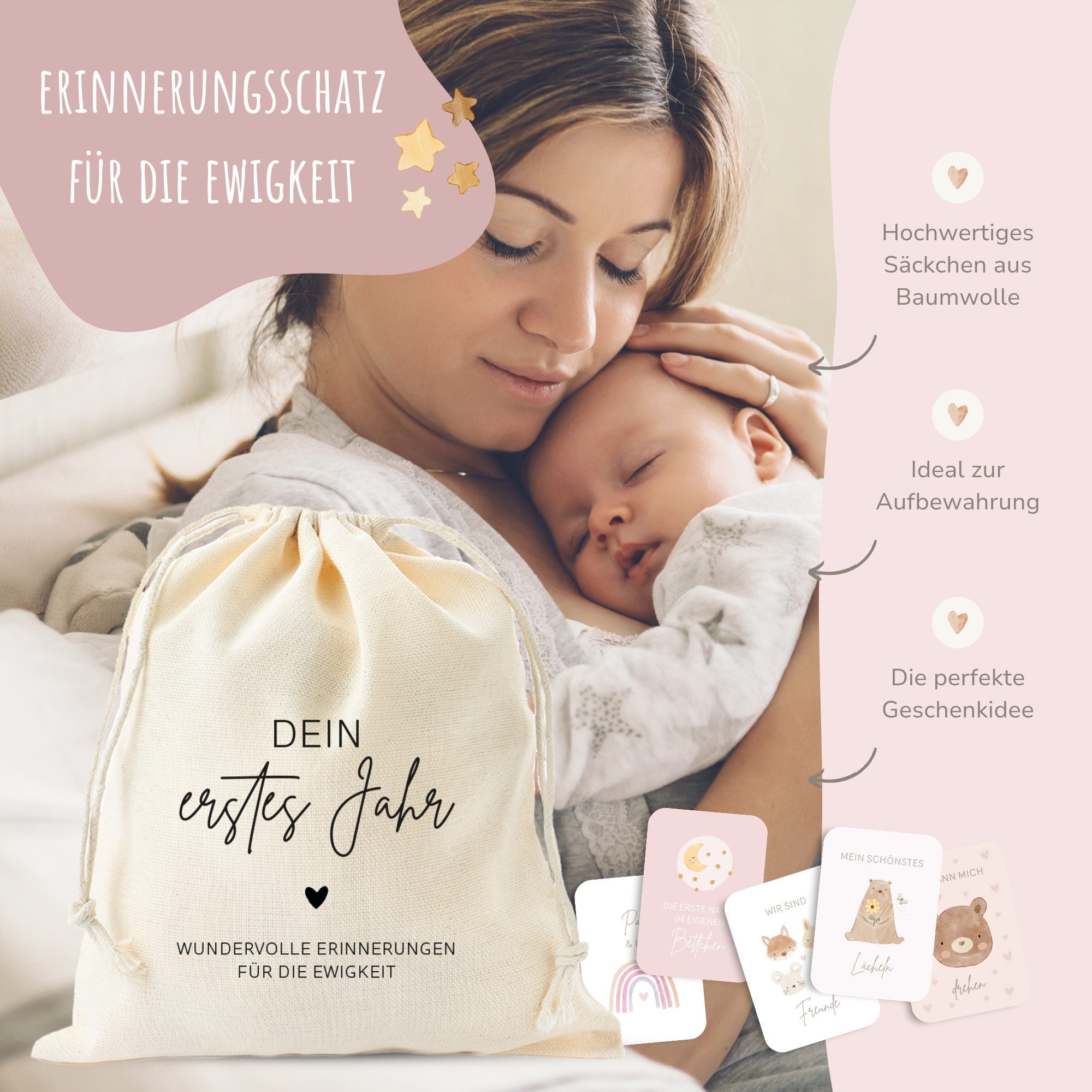 MeinBaby123® Geburtskarte 50 Meilensteinkarten "Dein erstes Jahr" zum Ausfüllen, inkl. Baumwollsäckchen, Geschenk zur Geburt, Meilensteinkarten Baby