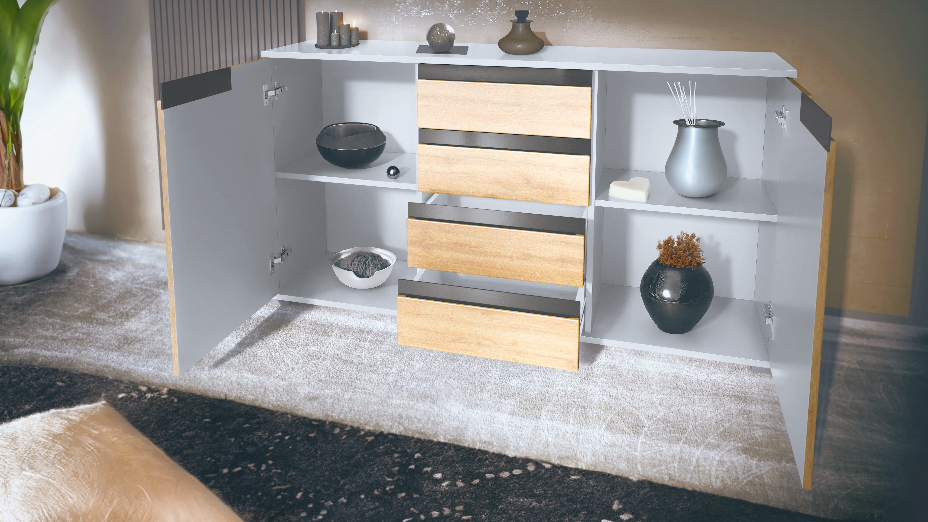Vladon Sideboard Sylt V1 (Kommode mit 2 Türen und 4 Schubladen, Korpus - Weiß matt / Front - Bordeaux Hochglanz), Absetzung - Weiß Hochglanz (138,5 x 75,5 x 35 cm)