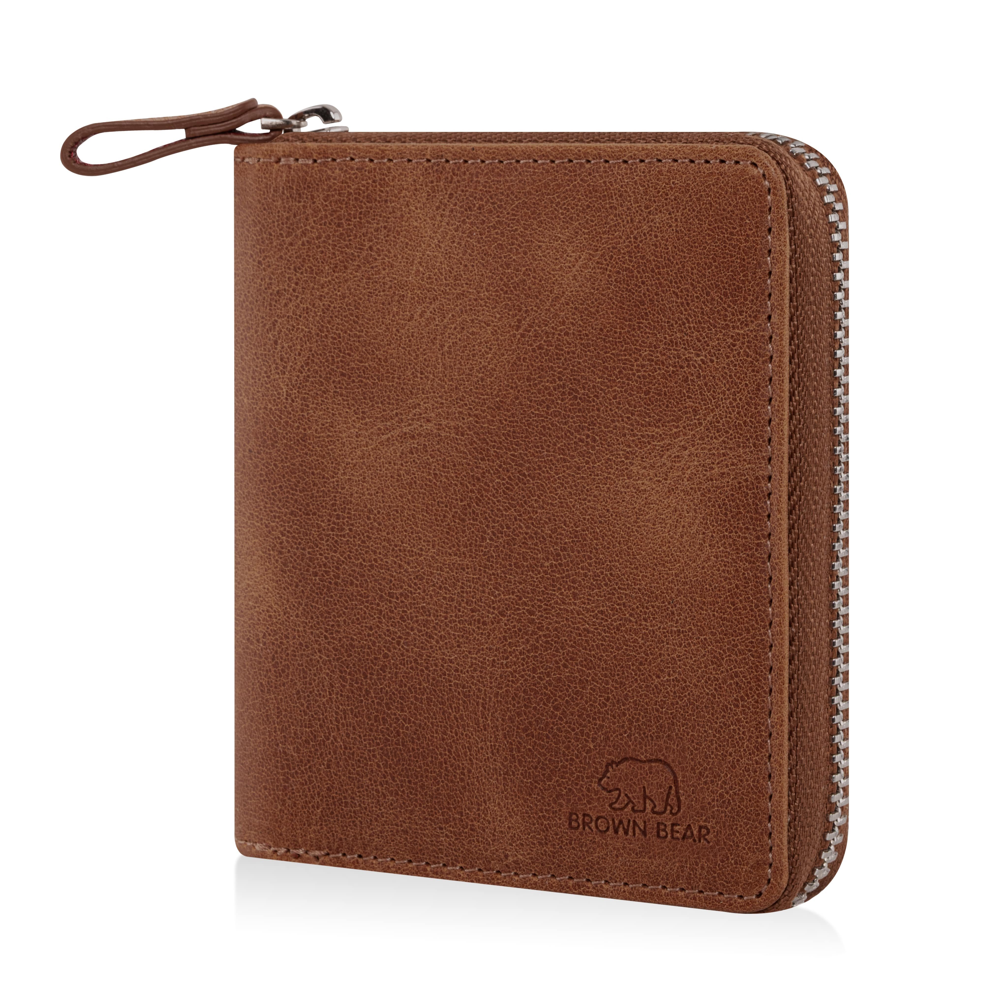 Brown Bear Geldbörse Classic 8009 mit umlaufenderm Reißverschluss aus Echtleder, mit 10 Kartenfächern und RFID-Schutz Farbe Braun-Vintage